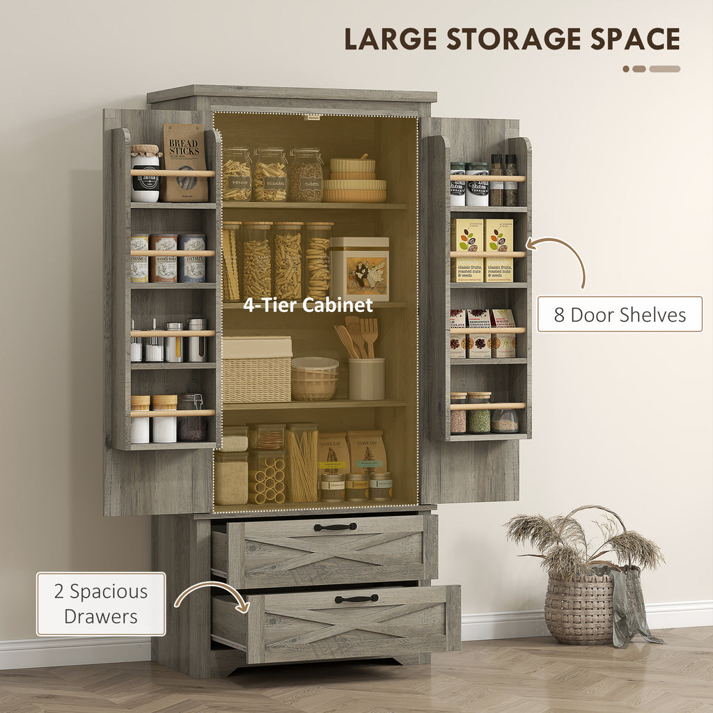 Farmhouse Kitchen Pantry Storage Cabinet, 64" Freestanding Kitchen Pantry Cabinet with Drawers, Distressed White