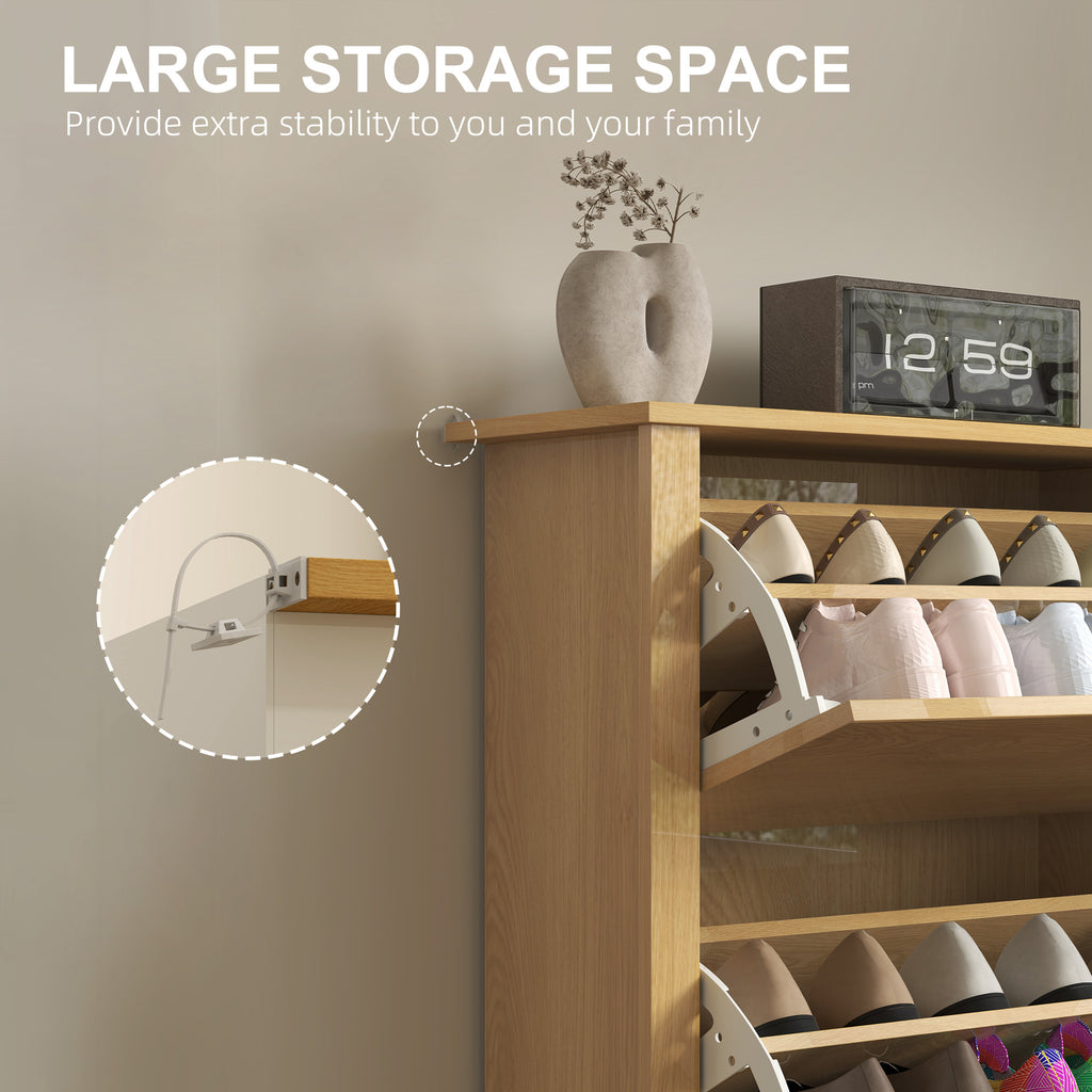 Shoe Storage Cabinet with 2 Flip Drawers and Adjustable Shelves for 8–12 Pairs of Shoes, Natural Wood
