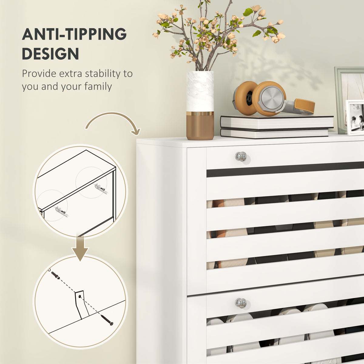 Narrow Shoe Storage Cabinet, 3 Flip Drawers, Adjustable Shelves, 18-24 Pairs Capacity, White
