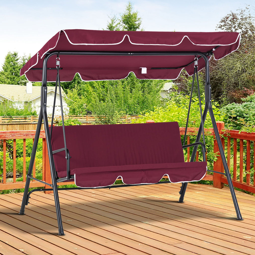 3-Seater Outdoor Porch Swing with Adjustable Canopy, Patio Swing Chair for Garden, Poolside, Backyard, Wine Red