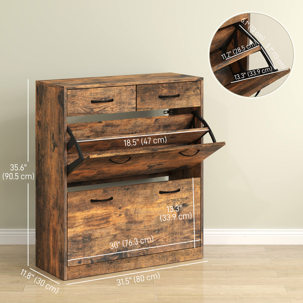 Narrow Shoe Storage with 2 Flip Drawers and Adjustable Shelves Shoe Organizer Cabinet for 12 Pairs of Shoes, Brown