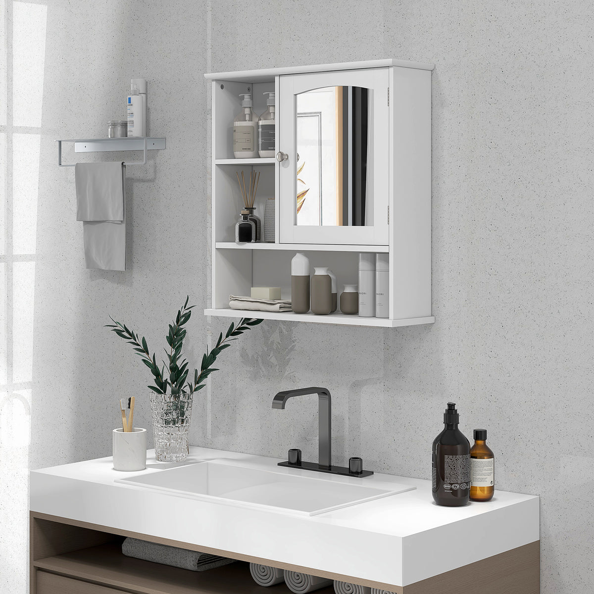 Wall-Mounted Medicine Cabinet, Bathroom Mirror Cabinet with Doors and Storage Shelves, White