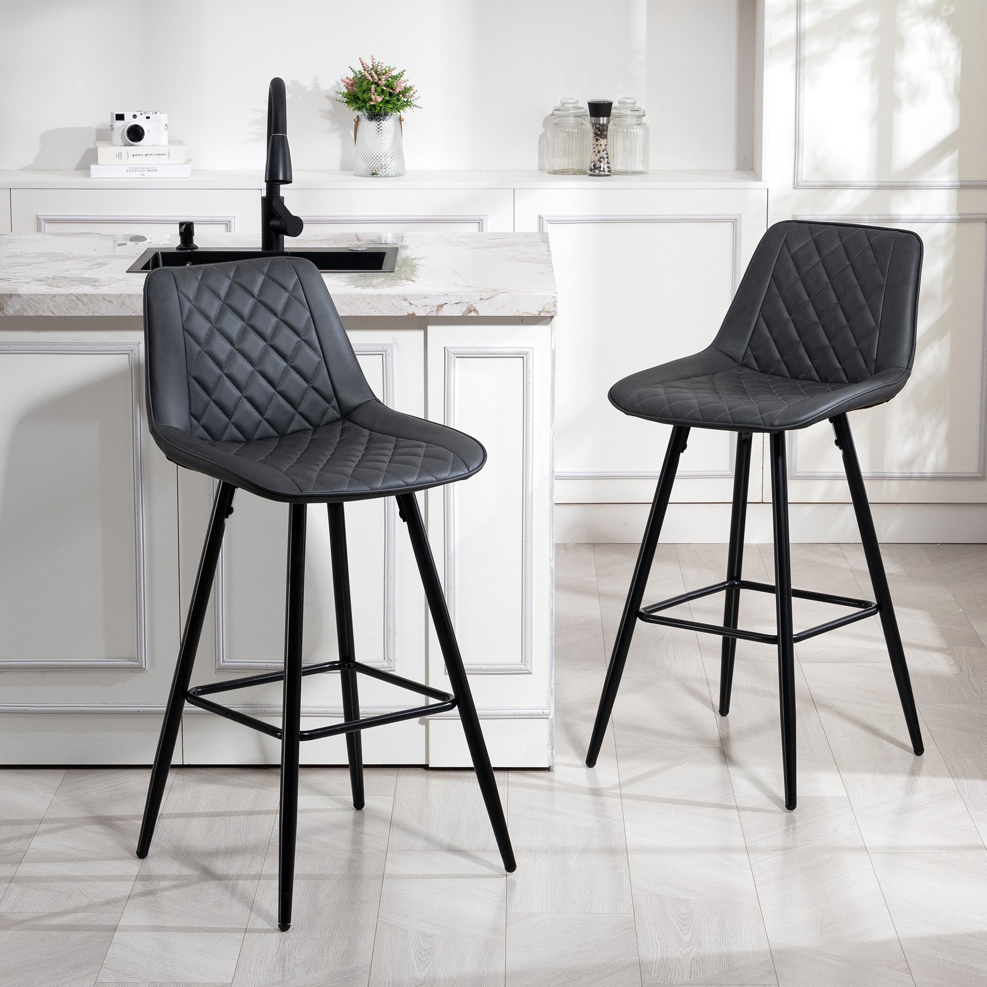 PU Leather Counter Height Bar Chairs Set of 2, 27.75" Bar Stools with Metal Legs for Dining Area, Kitchen Island, Brown