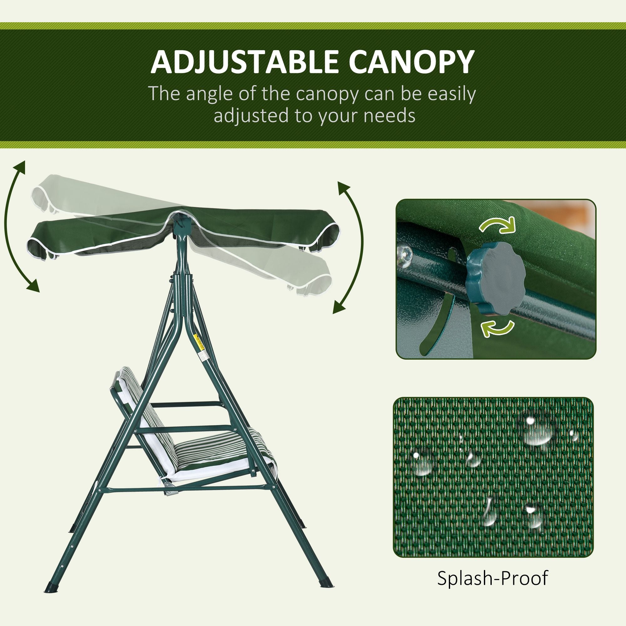 3-Seater Outdoor Porch Swing with Adjustable Canopy, Patio Swing Chair for Garden, Poolside, Backyard, Green and White