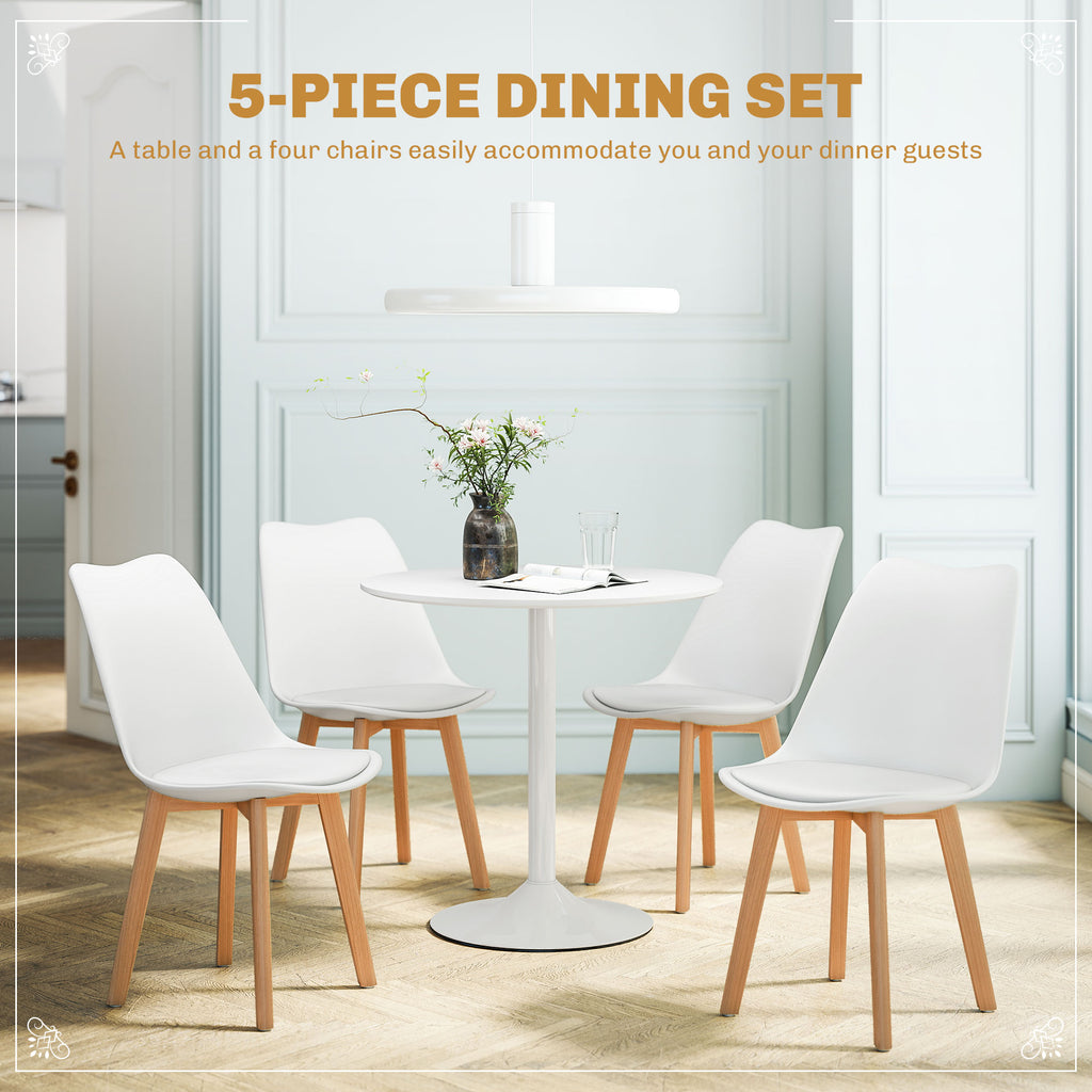 Round Dining Table Set for 4 with Pedestal Base, PU Padded Seats, for Small Space, Apartment, White
