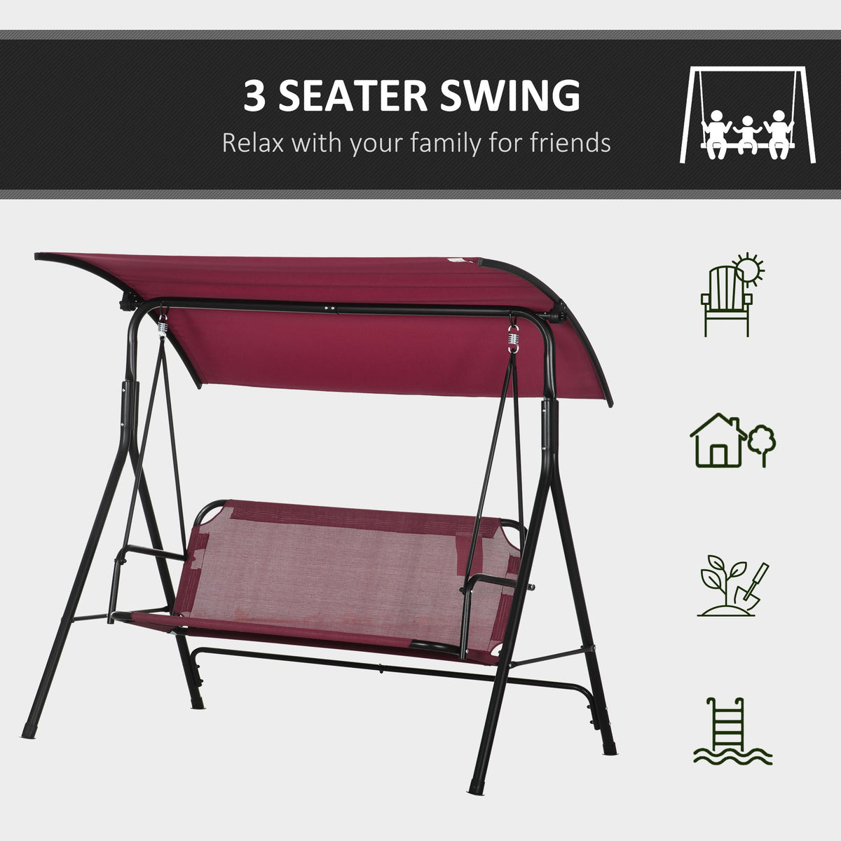 3-Seater Outdoor Porch Swing with Adjustable Canopy, Patio Swing Chair for Garden, Poolside, Backyard, Wine Red