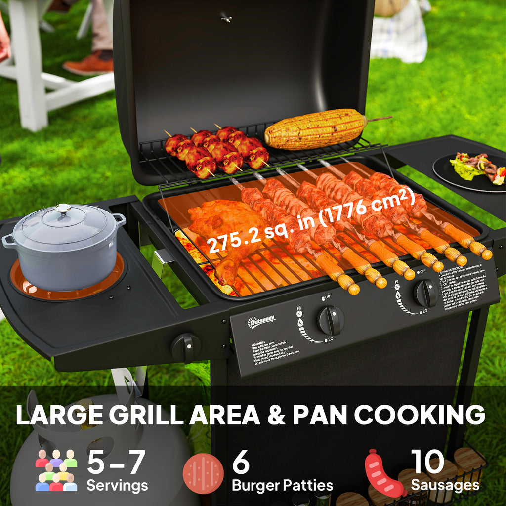 3+1 Burner Propane Gas BBQ Grill, Portable Gas Barbecue Grill with Side Burner, Thermometer, Lid, Side Table, Shelf, Spice Rack, Wheels, Grease Cup for Garden, Black