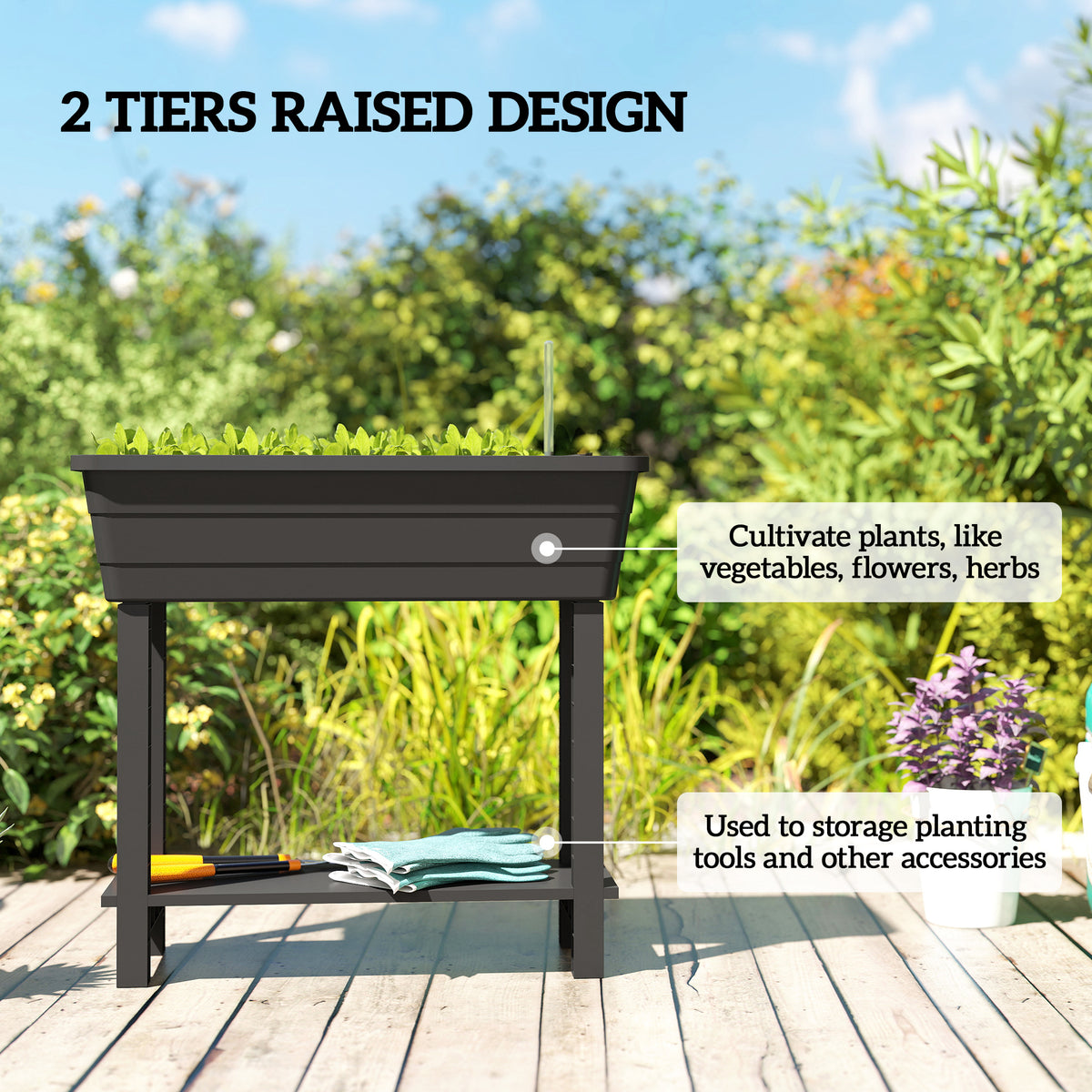 41L Self Watering Raised Garden Bed w/ Ventilation Transparent Lid Greenhouse, Planter Box w/ Storage Shelf, Brown