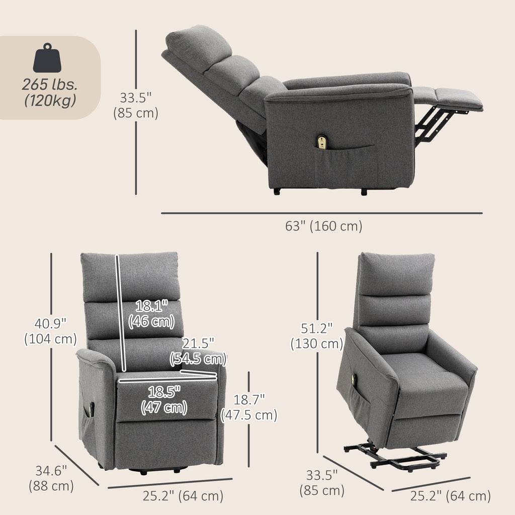 كرسي رفع لكبار السن، كرسي استرخاء كهربائي مع جهاز تحكم عن بعد، جيوب جانبية لغرفة المعيشة، رمادي غامق