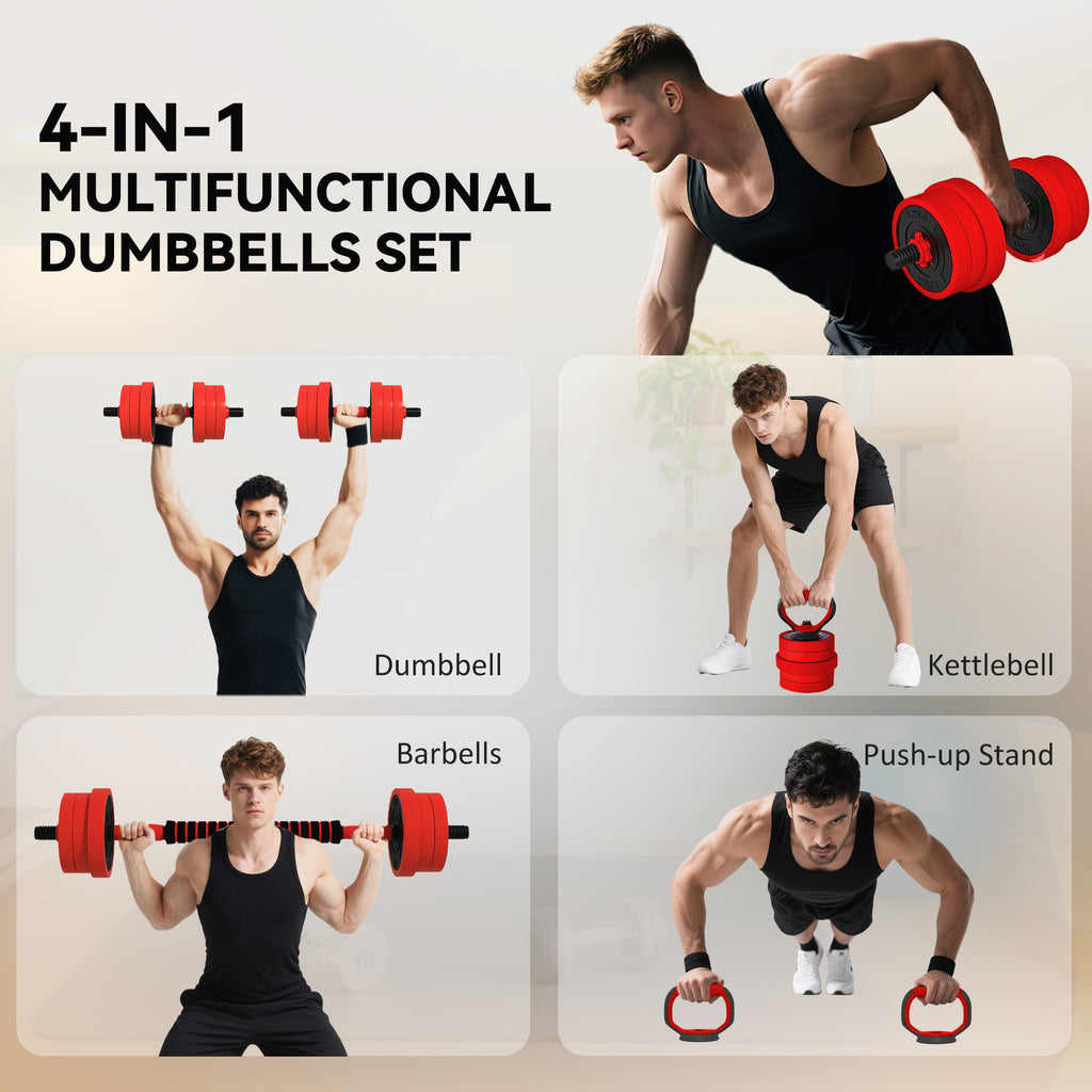 Soozier 66lbs 4-in-1 Adjustable Weight Dumbbell Set, Barbell, Kettlebell, Push Up Stand, Red