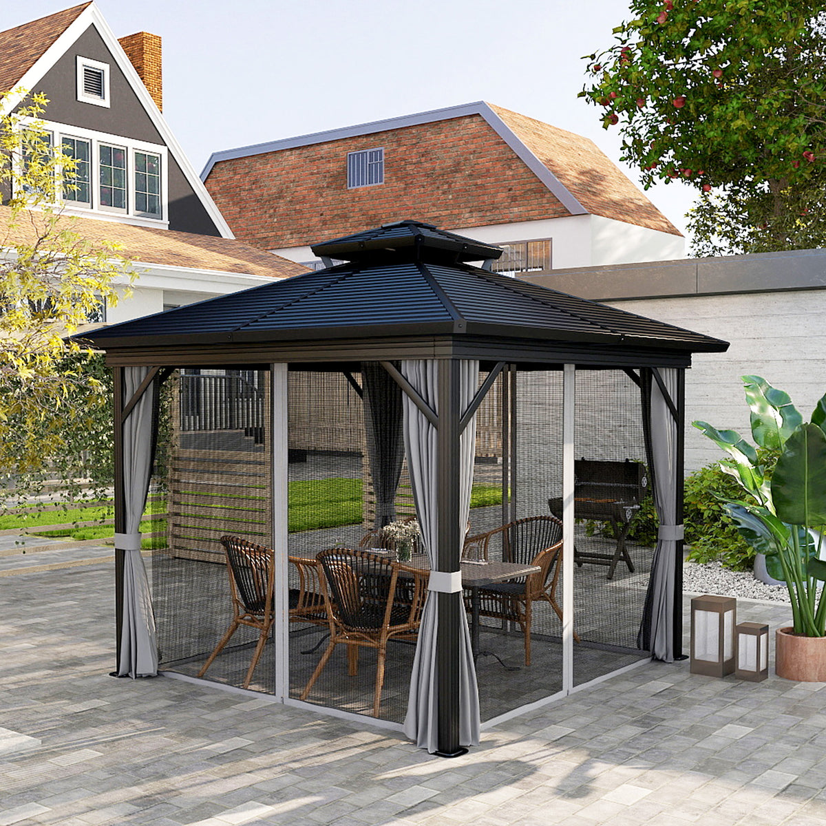10' x 12' Hardtop Gazebo, Sun Shelter with Double Tier Metal Roof, Mosquito Netting, and Hanging Hook, Light Grey