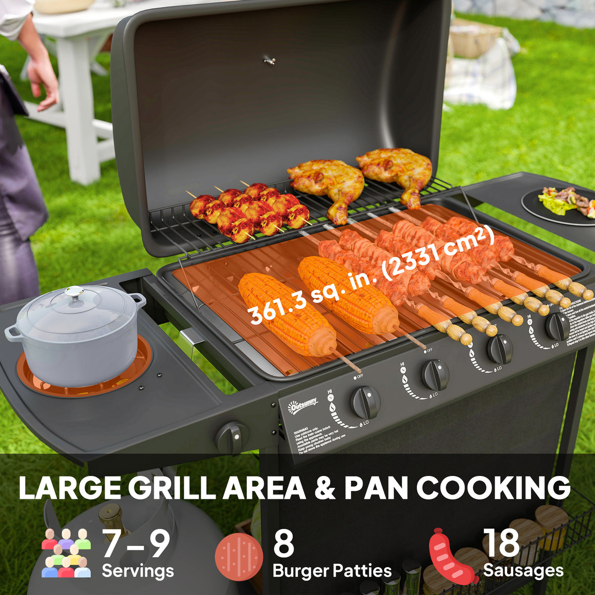 3+1 Burner Propane Gas BBQ Grill, Portable Gas Barbecue Grill with Side Burner, Thermometer, Lid, Side Table, Shelf, Spice Rack, Wheels, Grease Cup for Garden, Black