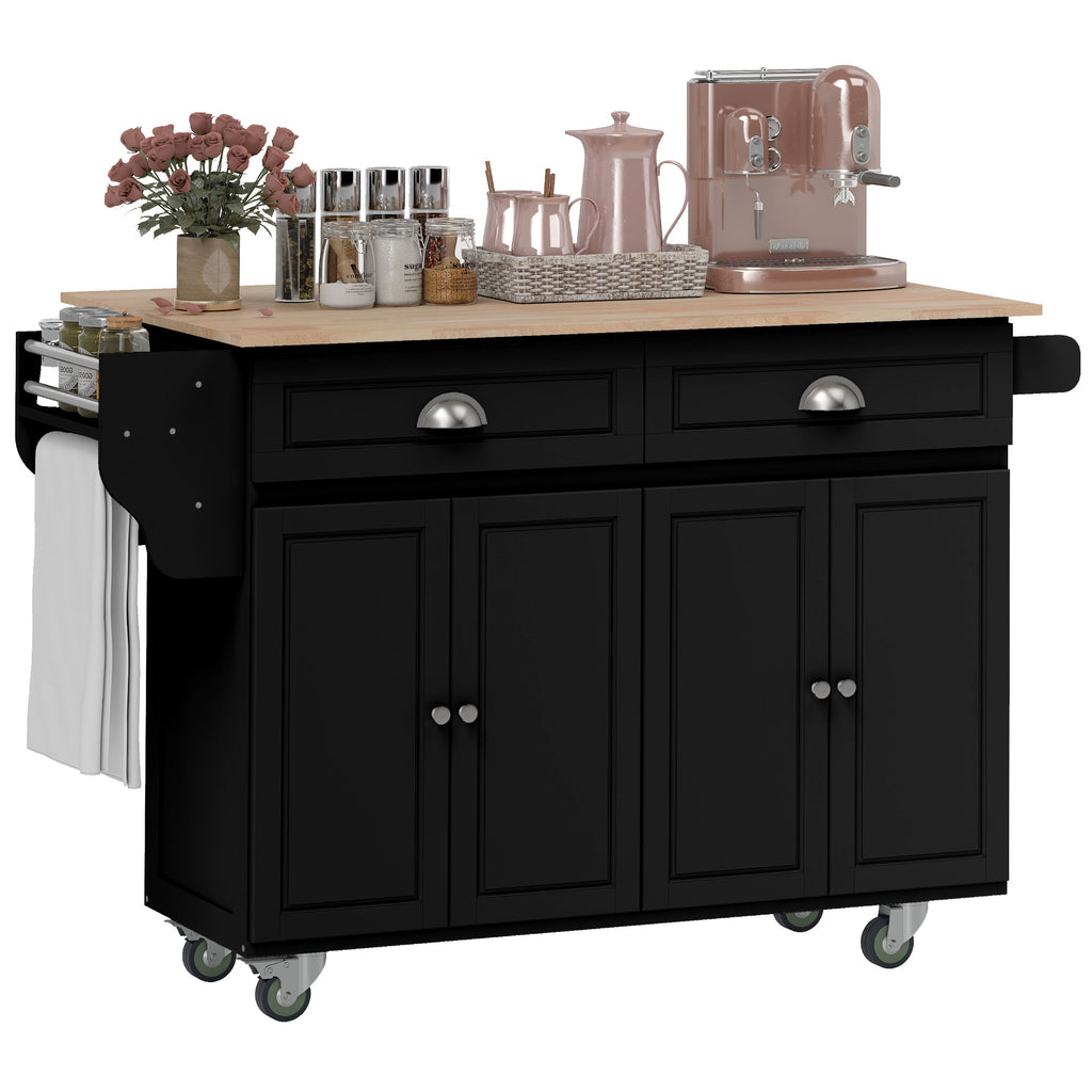 Kitchen Island with Storage, Rolling Kitchen Island with Drop Leaf, Rubber Wood Top and Adjustable Shelves, White