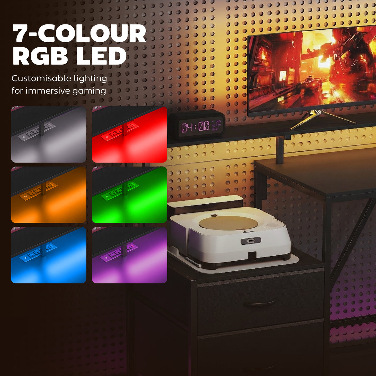 76" Gaming Desk, Reversible Computer Table with RGB Lights, USB Ports, Monitor Stand and 2 Fabric Drawers, White