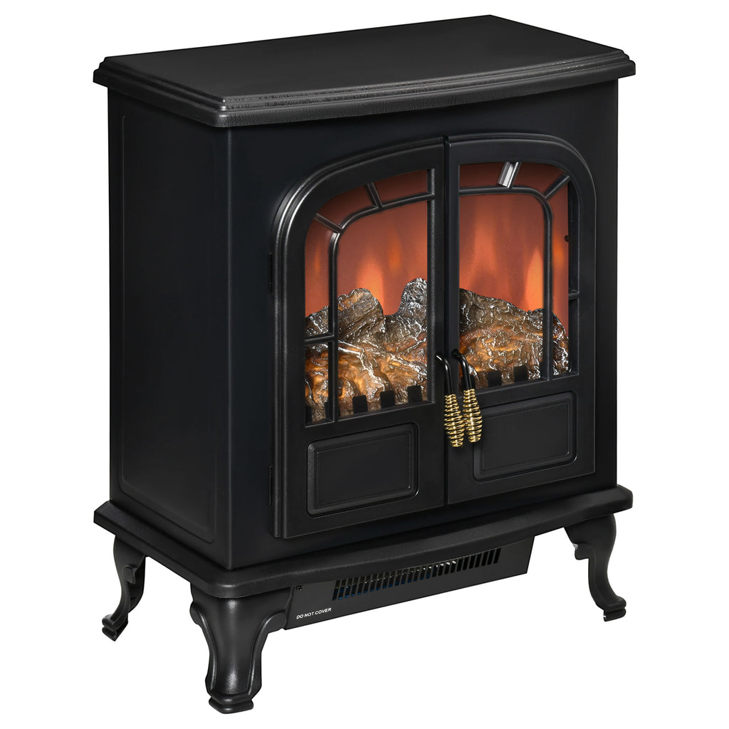 Electric Fireplace Stove Heater with LED Fire Flame Effect, Double Door, Freestanding & Portable with Overheat Protection, 750W/1500W, Black
