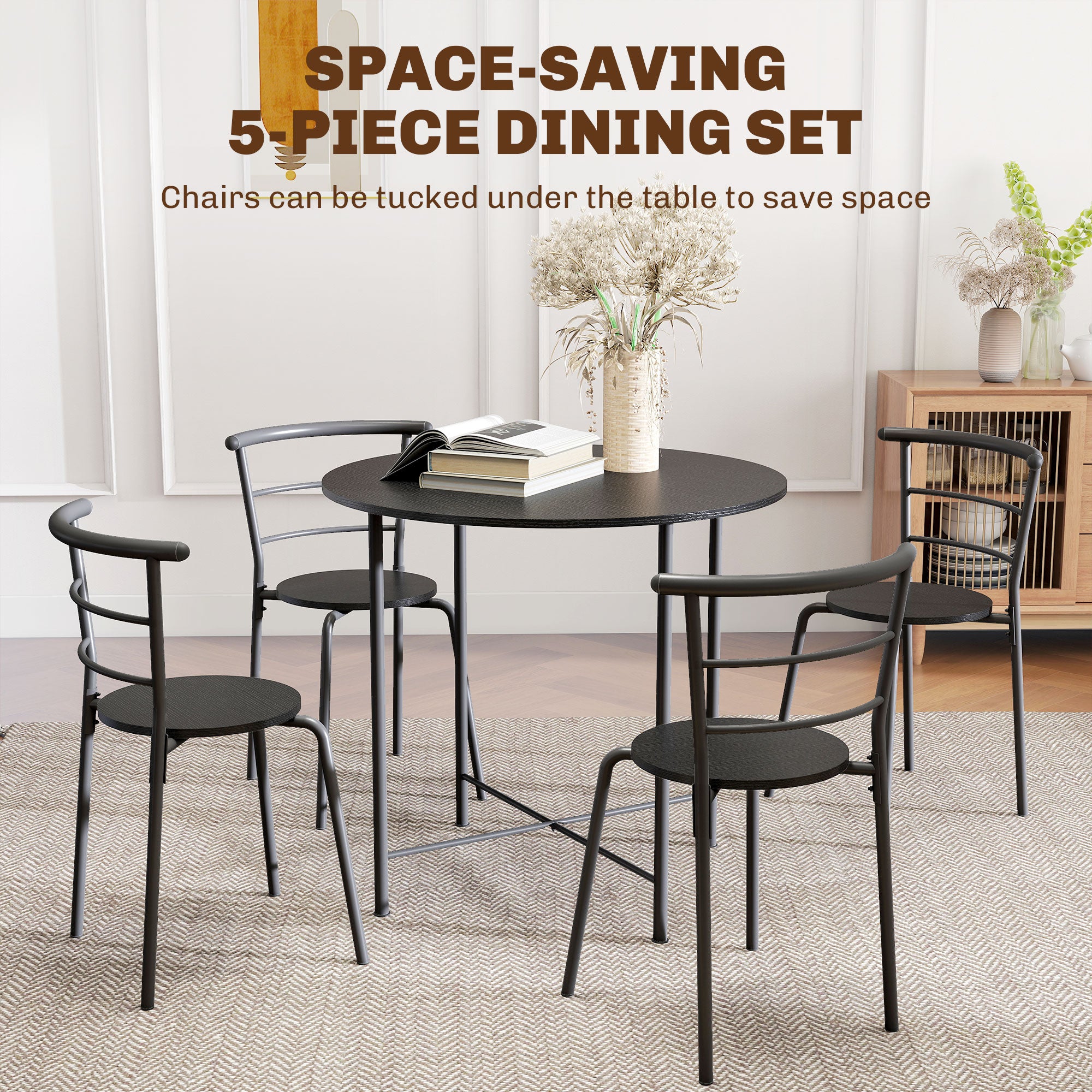 5 Piece Dining Table Set, Space Saving Round Dining Set for 4 with Metal Frame for Small Spaces, Black Wood Grain