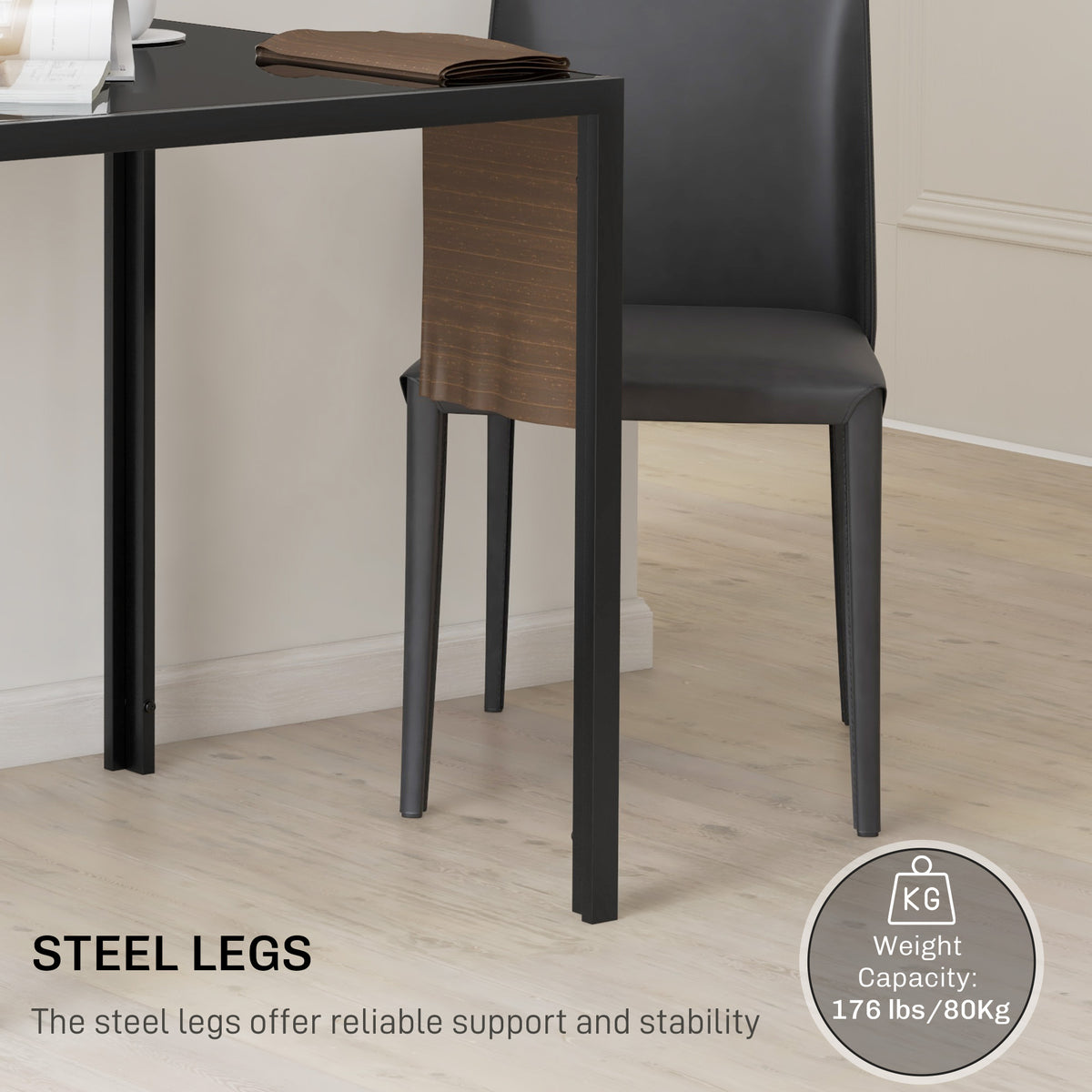 Square Kitchen Table for 2-4 People, Dining Table with Glass Top and Steel Legs for Dining Room, Black