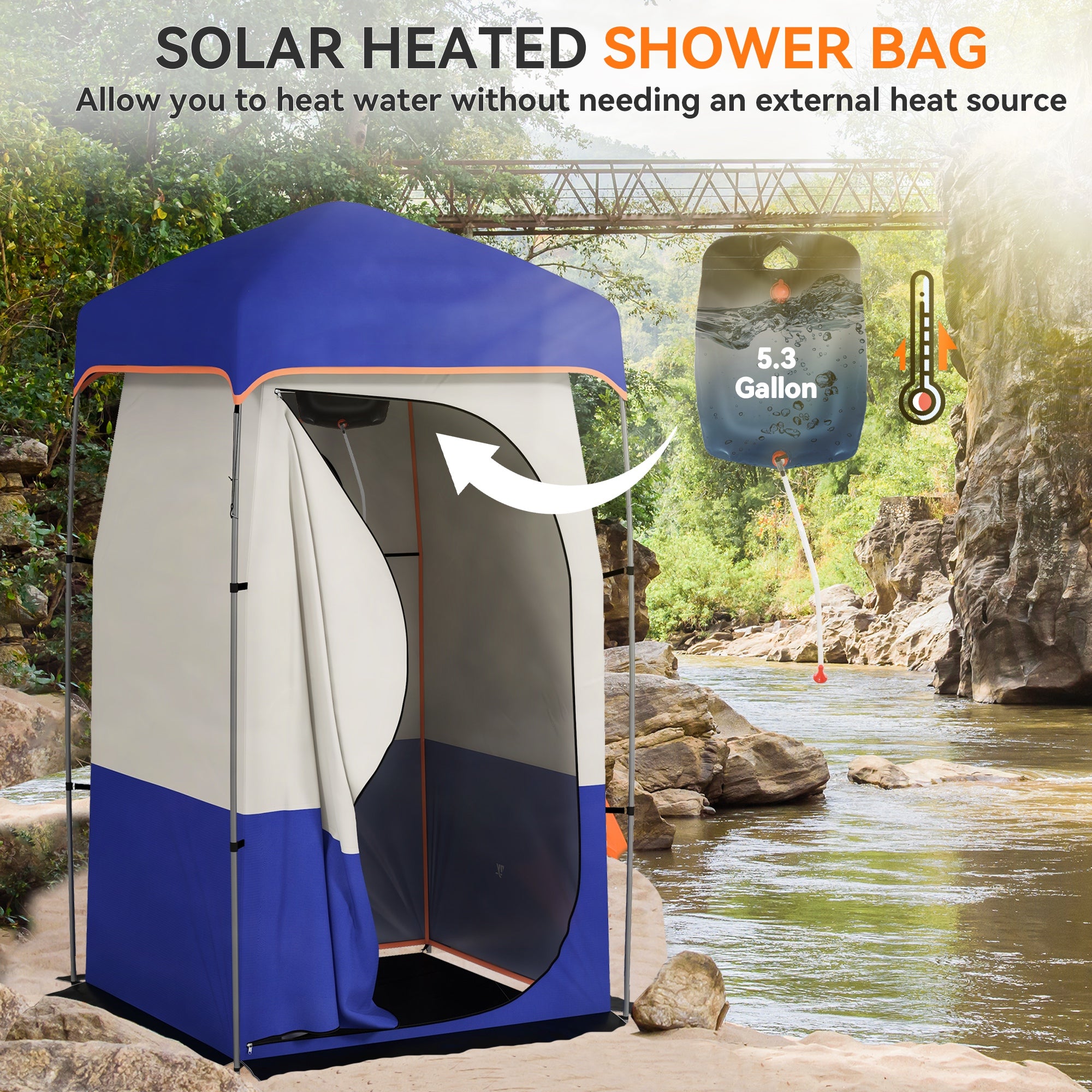 Camping Shower Tent, Portable Privacy Shelter with Solar Shower Bag, Removable Floor and Carrying Bag, Black