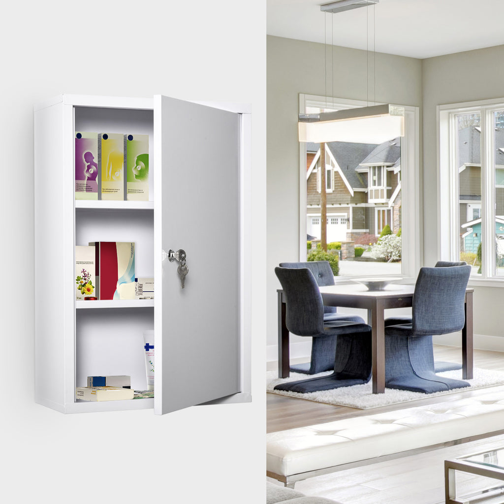 Wall Mount Medicine Cabinet 3 Tier Steel Emergency Box for Bathroom, Lockable with 2 Keys, White