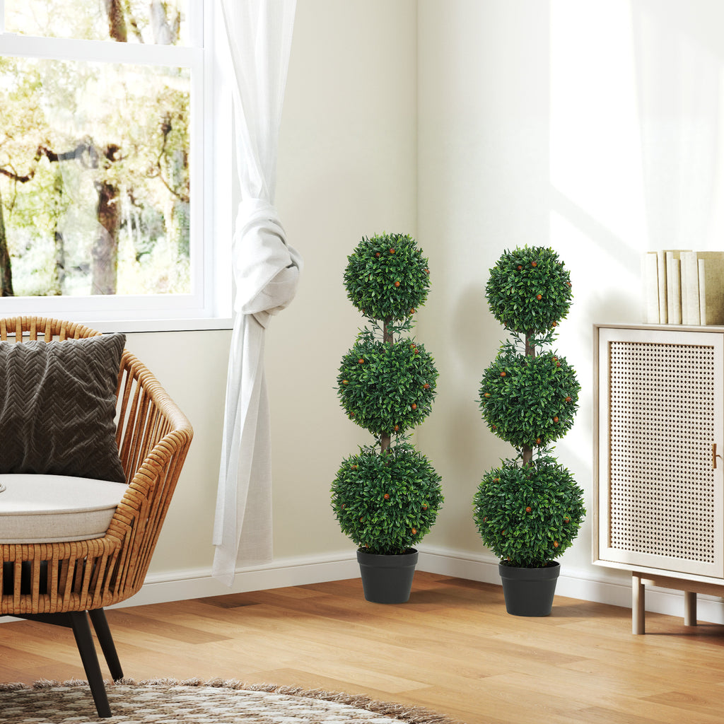 3.3FT Artificial Boxwood Topiary Tree Set of 2, Faux Three Ball Topiary Tree in Pot for Indoor Outdoor Decor, Green