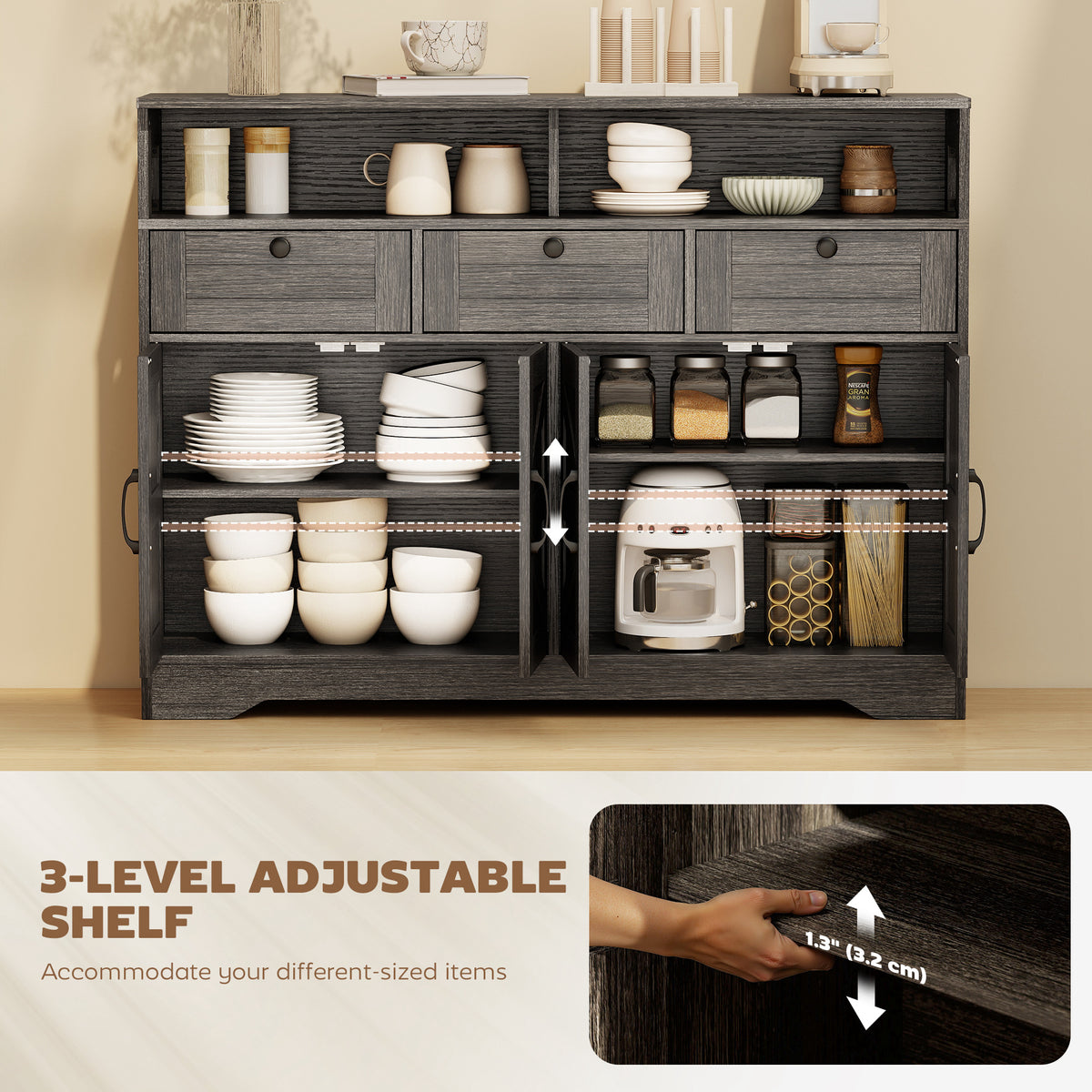 Sideboard, Buffet Cabinet with 4 Barn Doors and 3 Drawers, Coffee Bar Cabinet with Adjustable Shelves, Dark Brown
