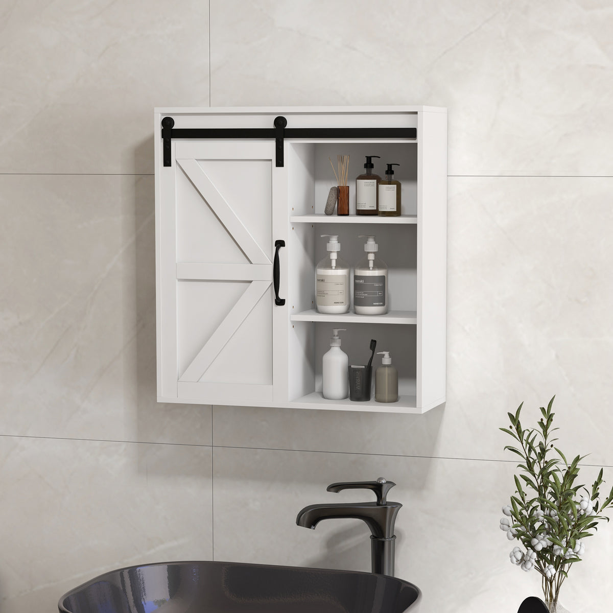 Bathroom Medicine Cabinet, Wall Cabinet with Sliding Door and Adjustable Shelf, 22.8" x 7.8" x 24.4", White
