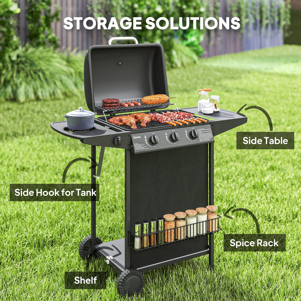 3+1 Burner Propane Gas BBQ Grill, Portable Gas Barbecue Grill with Side Burner, Thermometer, Lid, Side Table, Shelf, Spice Rack, Wheels, Grease Cup for Garden, Black