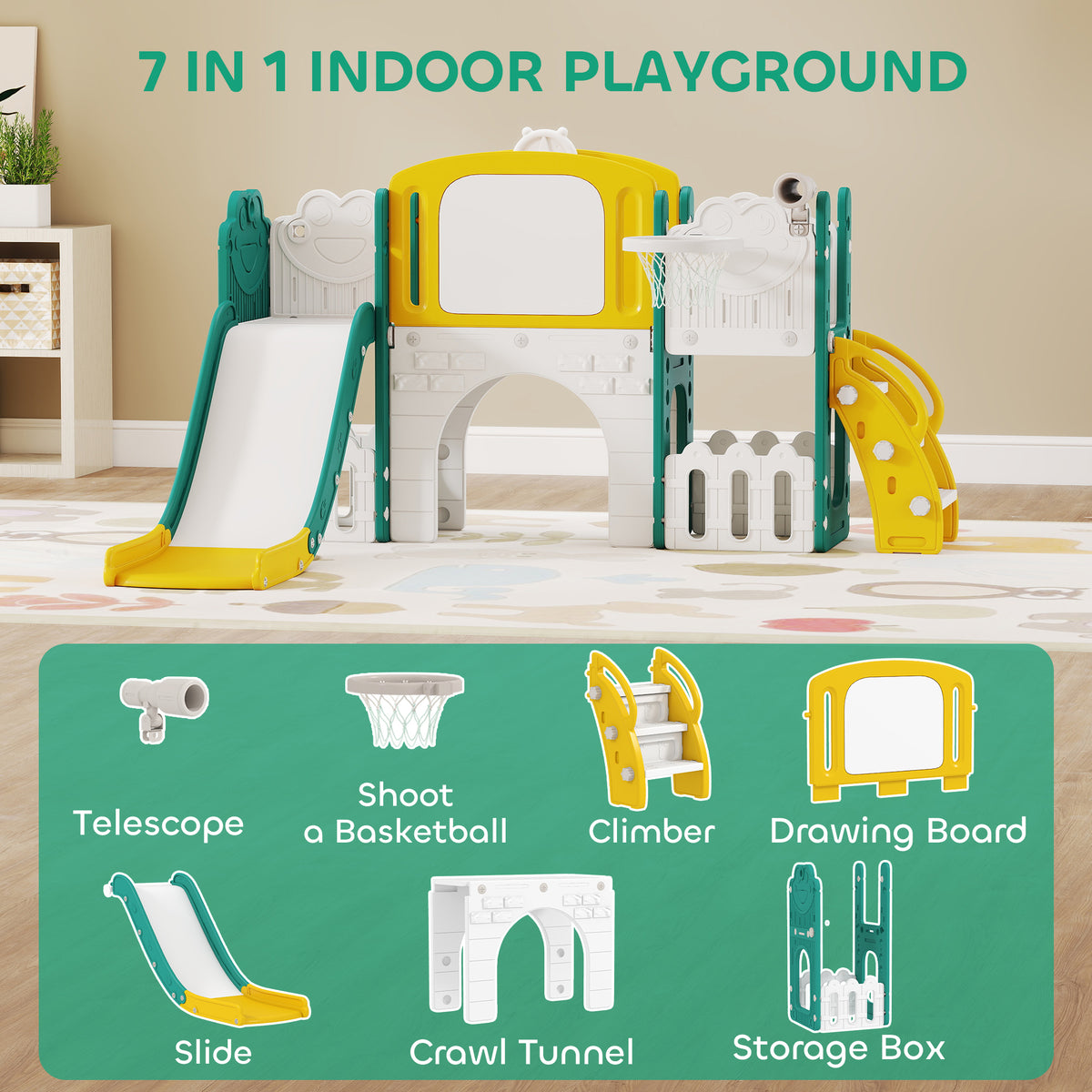 Qaba 7 in 1 Toddler Slide with Basketball Hoop, Climbing Frame, Telescope, Drawing Board, Storage Box for Ages 1-3, Yellow
