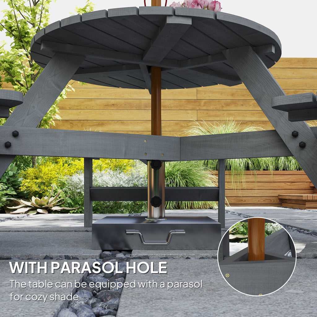 6 Person Round Picnic Table Bench Set with Umbrella Hole, Wood Patio Table with 3 Built-in Benches for Garden, Deck, Backyard, Brown