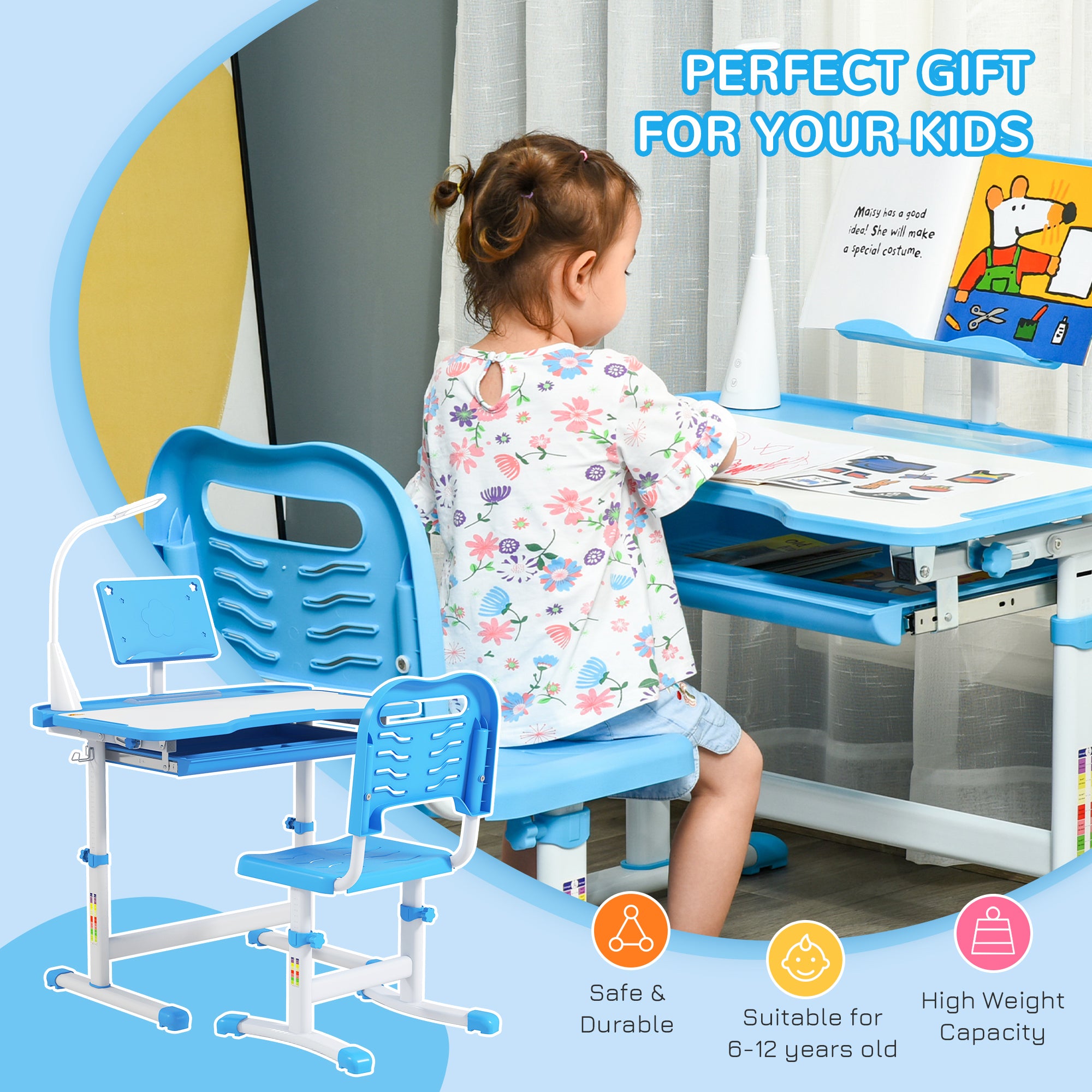 Qaba Kids Desk and Chair Set Height Adjustable Student Writing Desk Children School Study Table with Tilt Desktop, Blue