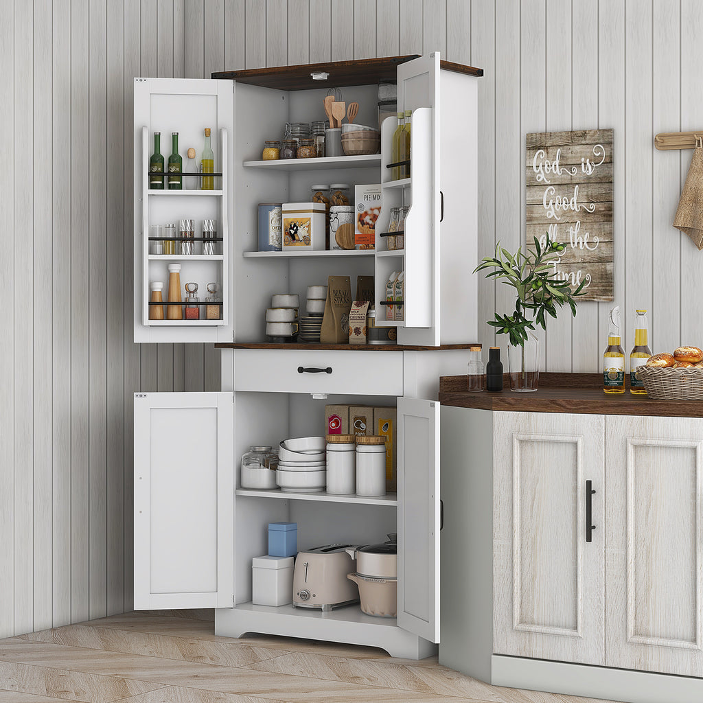 71" Tall Kitchen Cabinet, Farmhouse Pantry Cabinet with Barn Doors, Drawer and Adjustable Shelves, White