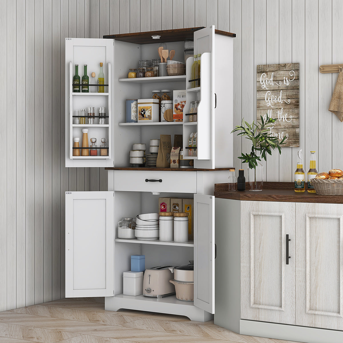 71" Tall Kitchen Cabinet, Farmhouse Pantry Cabinet with Barn Doors, Drawer and Adjustable Shelves, White