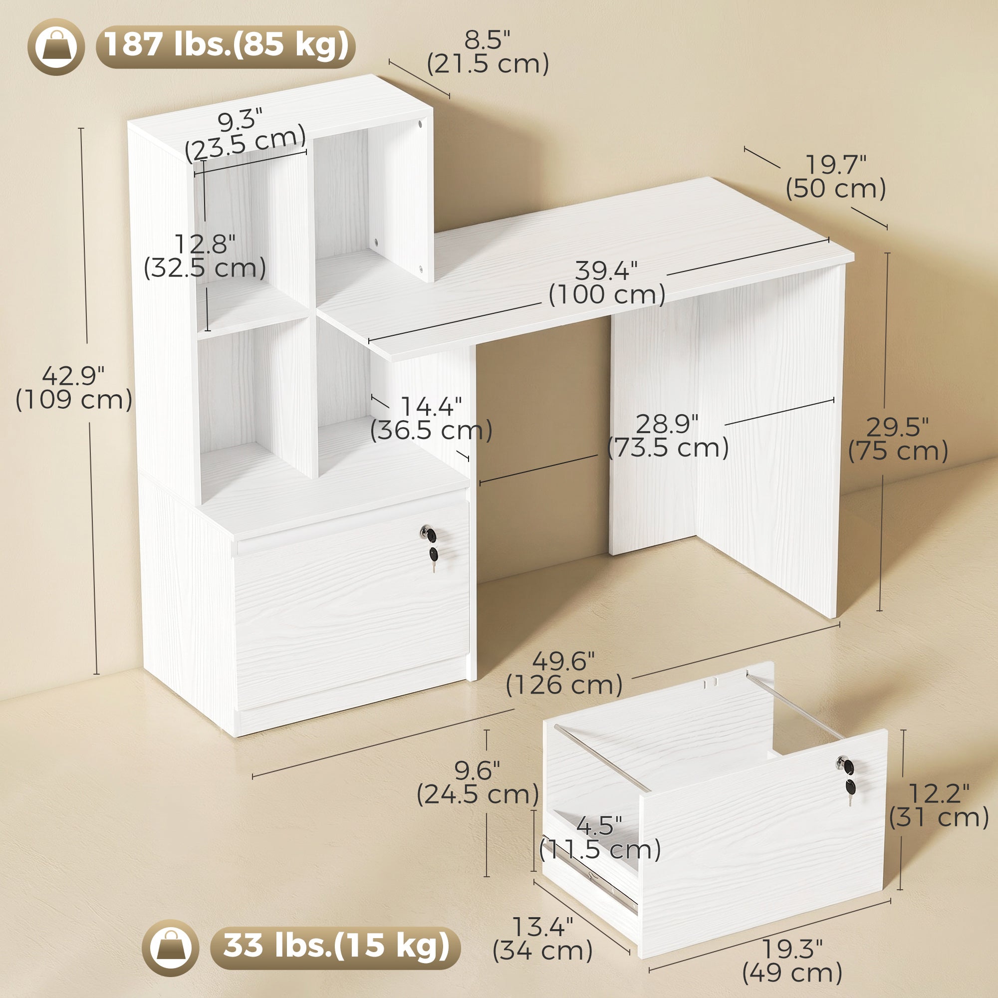 Computer Desk, Office Desk with Bookshelf, File Drawer and Legal Hanging File Holders, White Wood Grain