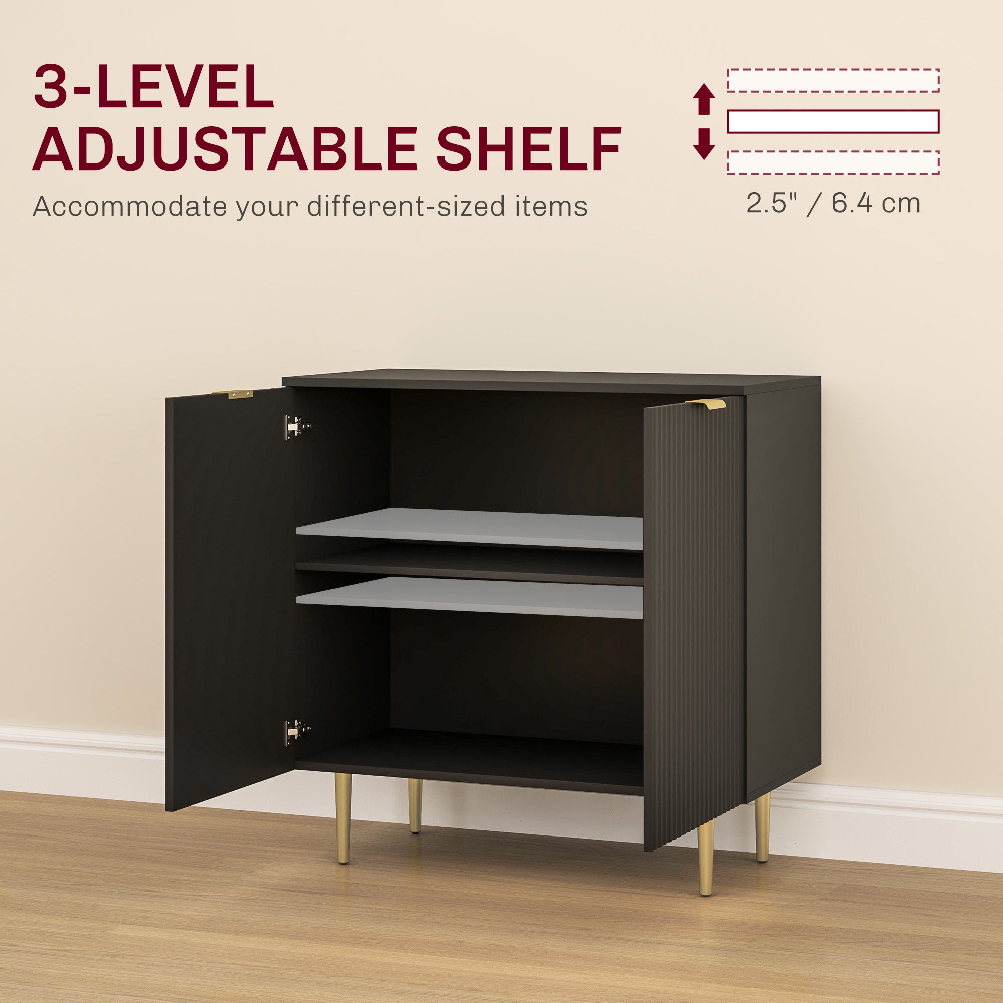 Modern Kitchen Storage Cabinet, Sideboard Buffet Cabinet with Adjustable Shelves and Metal Legs for Kitchen, Black