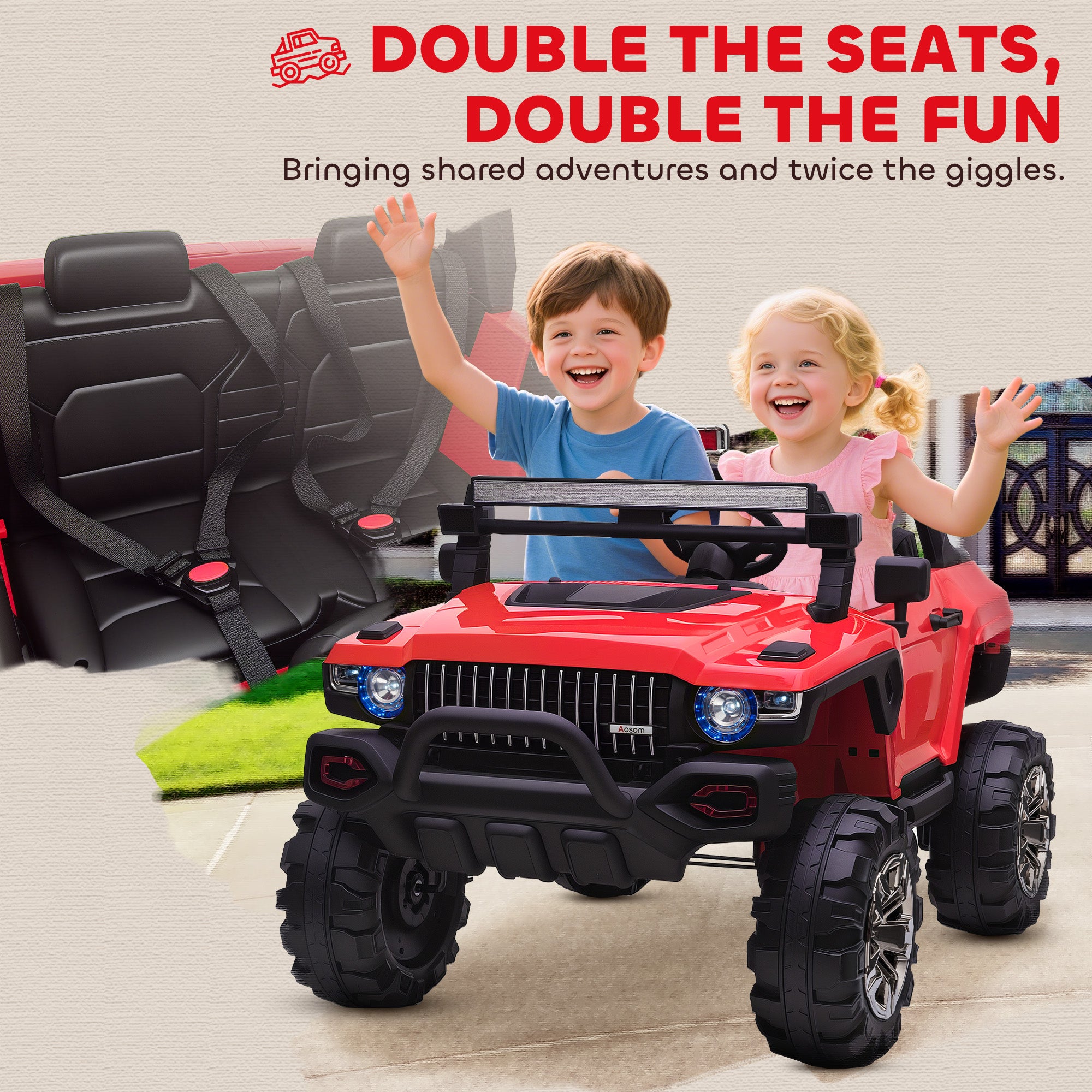 Aosom 2-Seater Ride on Truck, 12V 7AH Big Battery Powered Police Car for Kids with Remote Control, 4 Shock Absorbers, Soft Start, MP3, LED Lights, Big Wheels, Storage, Red