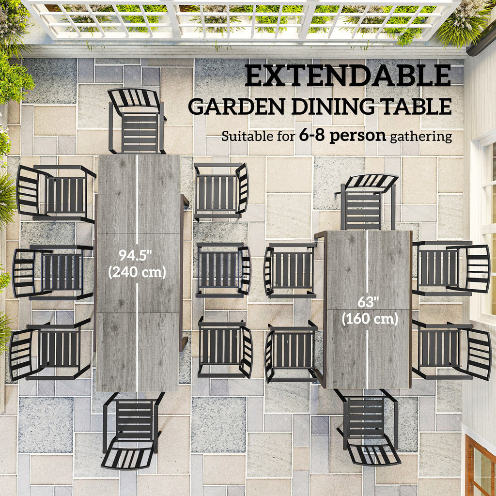63"-94.5" Extendable Patio Dining Table for 6-8 Person, Outdoor Dining Table with Aluminium Edging, Steel Frame, Brown