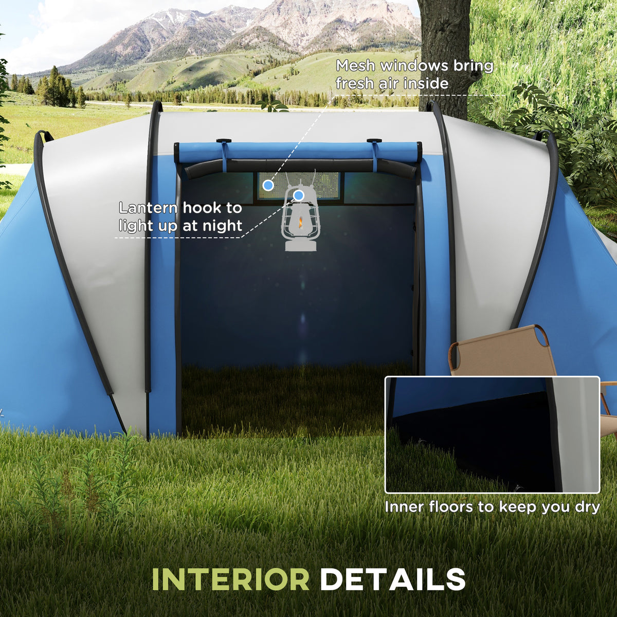 Camping Tent with 2 Bedrooms and Living Area, 3000mm Waterproof Family Tent, for Fishing Hiking Festival, Grey