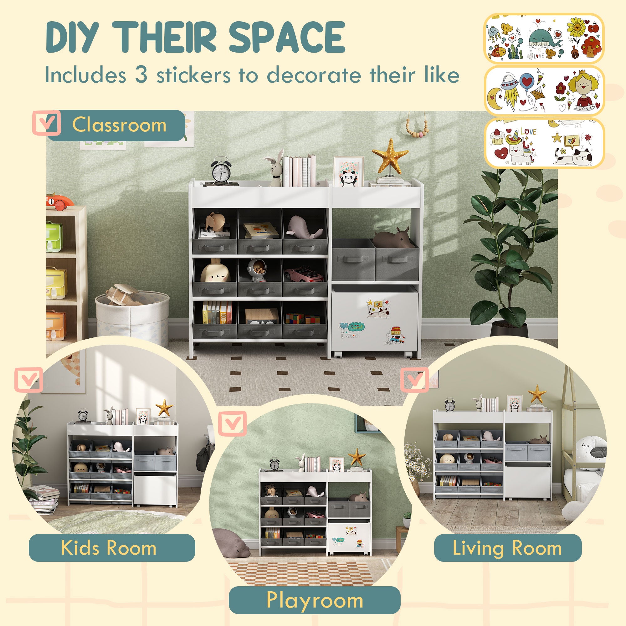 Qaba Toy Storage Organizer with 11 Non-Woven Fabric Boxes, Storage Cabinet & Shelves, for Kids Room, Nursery, Playroom White