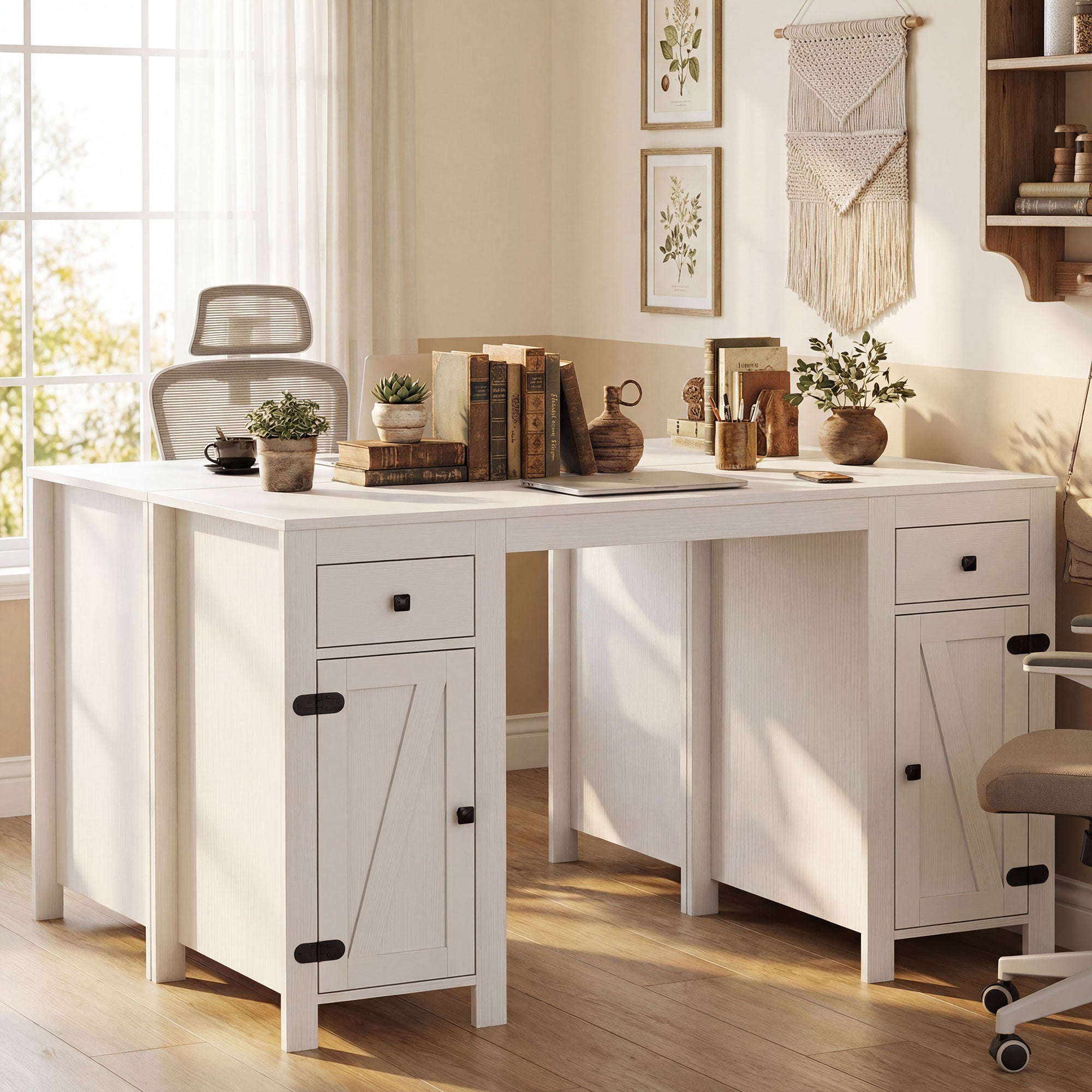 53" Farmhouse Executive Desk, Computer Desk with Drawers and 2 Cabinets, Study Table for Home Office, Black Wood Grain