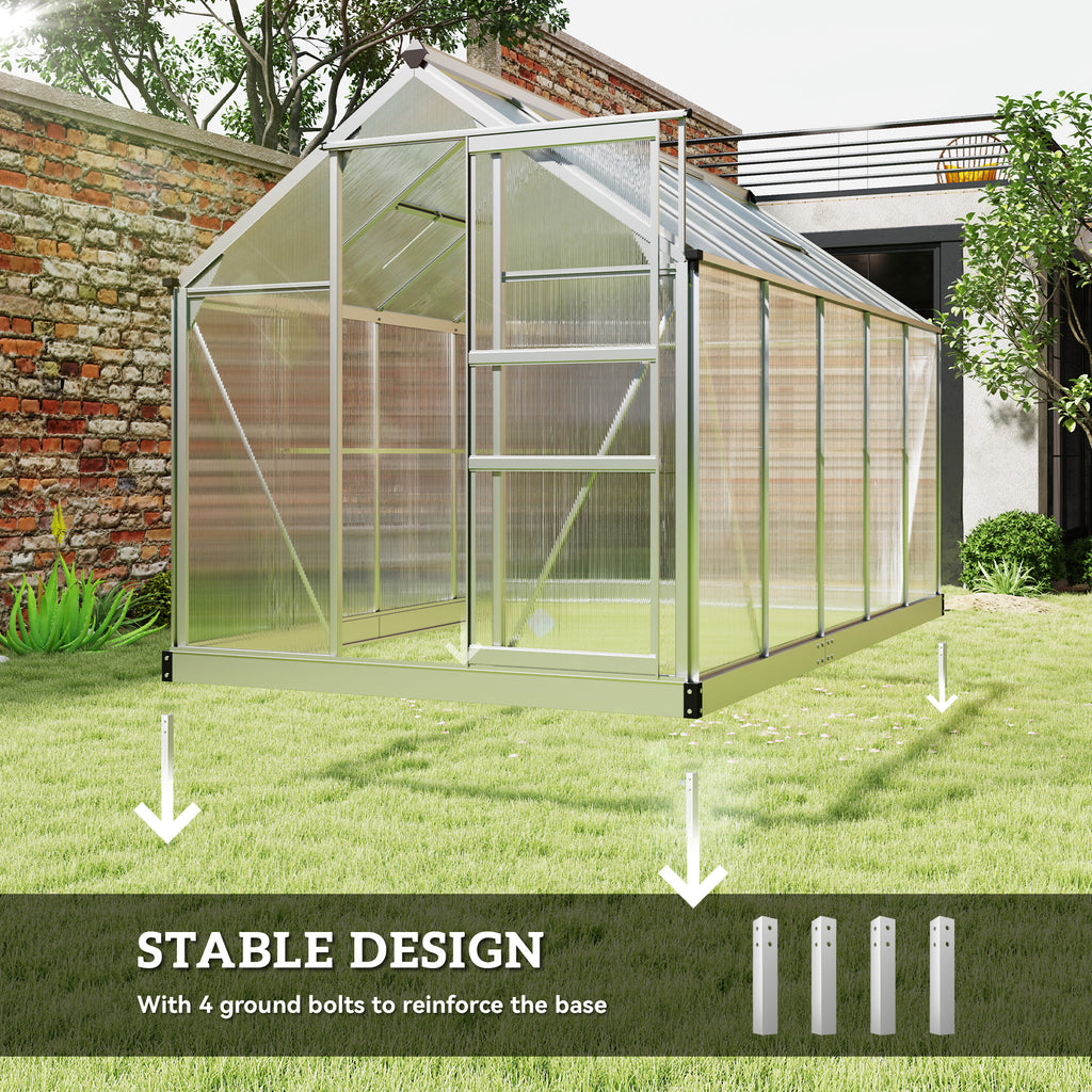 دفيئة بولي كربونات 6' × 10' × 6.6'، طقم دفيئة قائم بذاته للحديقة، لنمو النباتات، إطار من الألومنيوم المجلفن مع مزاريب للمطر، وفتحات تهوية وباب منزلق، فضي