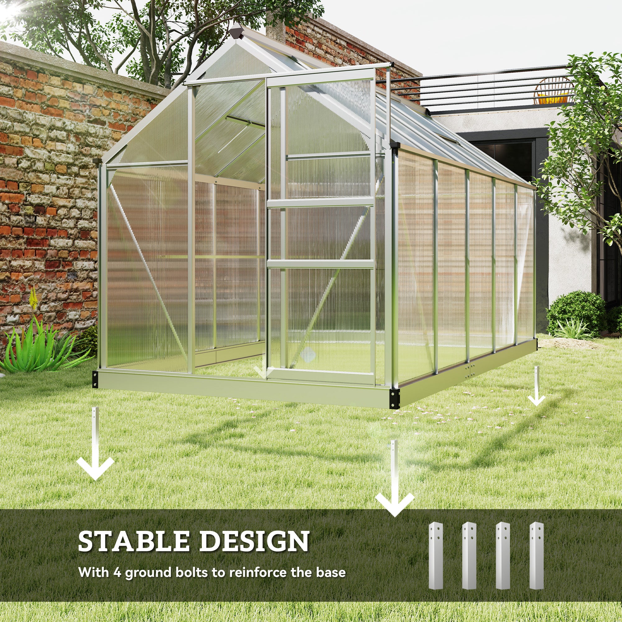 دفيئة بولي كربونات 6' × 10' × 6.6'، طقم دفيئة قائم بذاته للحديقة، لنمو النباتات، إطار من الألومنيوم المجلفن مع مزاريب للمطر، وفتحات تهوية وباب منزلق، فضي