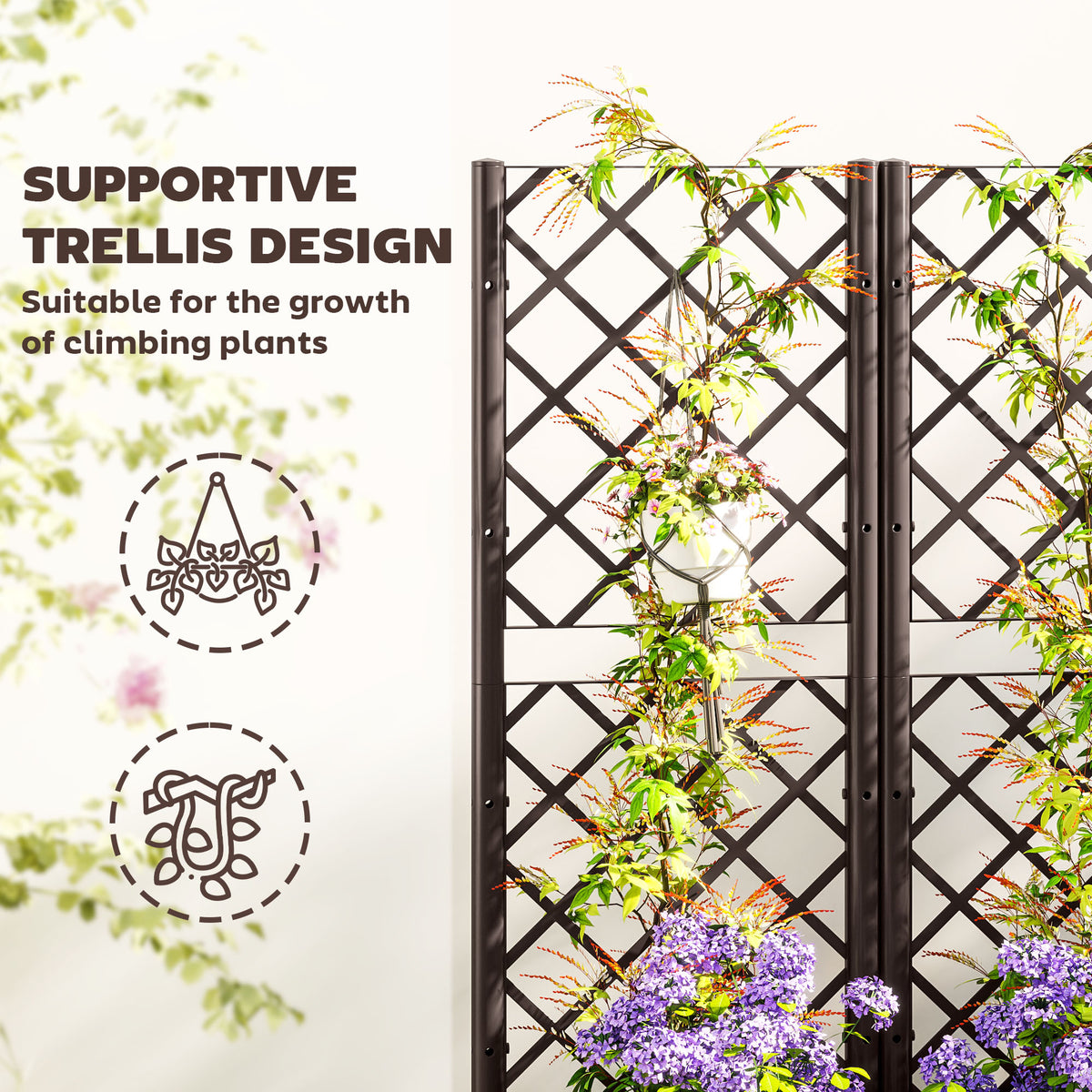 Raised Garden Bed with Trellis, Plastic Raised Flower Bed with Drainage Holes and Drain Plugs, 16" x 16" x 48"