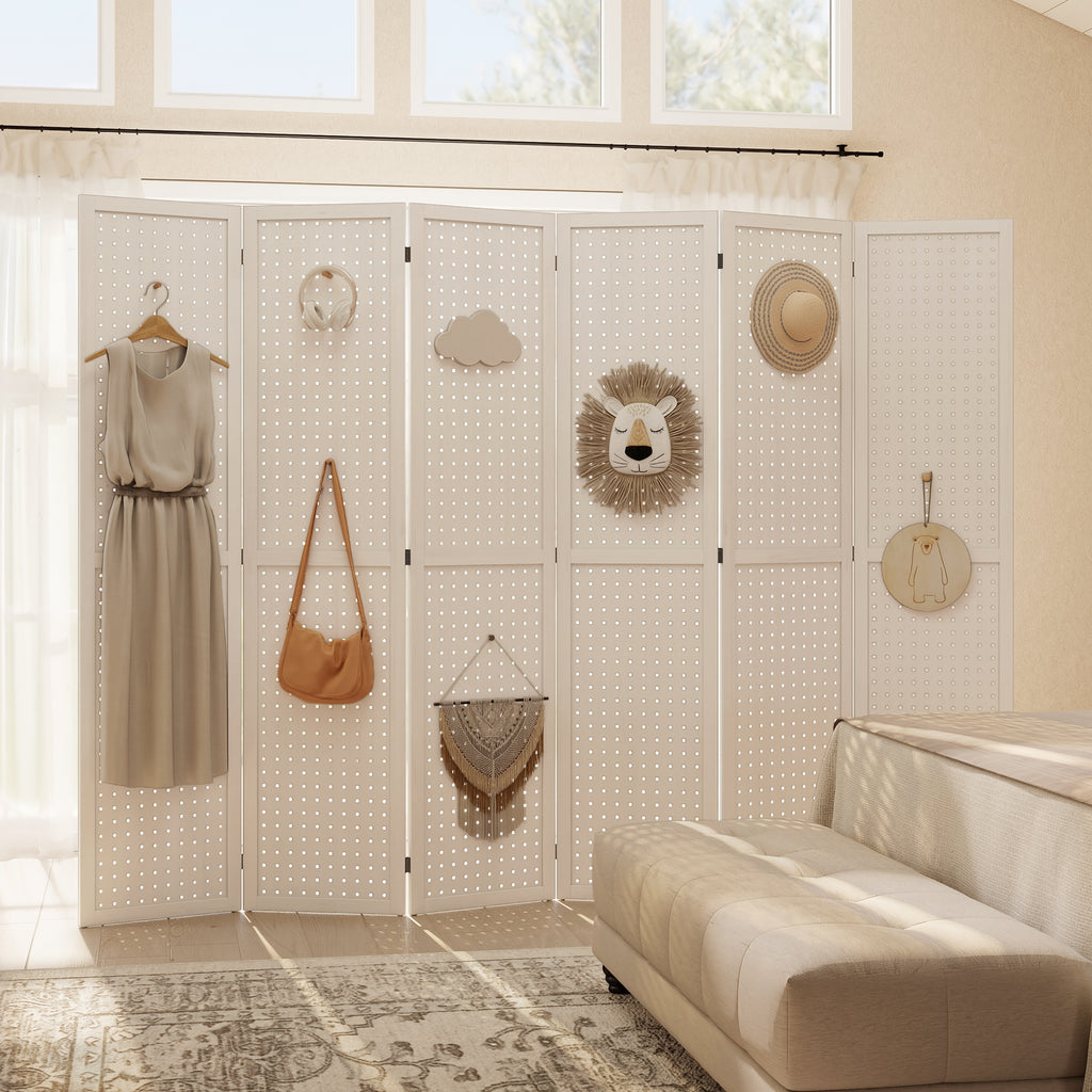5.6 Ft. Tall 4-Panel Room Divider, Pegboard Panel Folding Privacy Screen, Partition Wall Divider for Bedroom, White