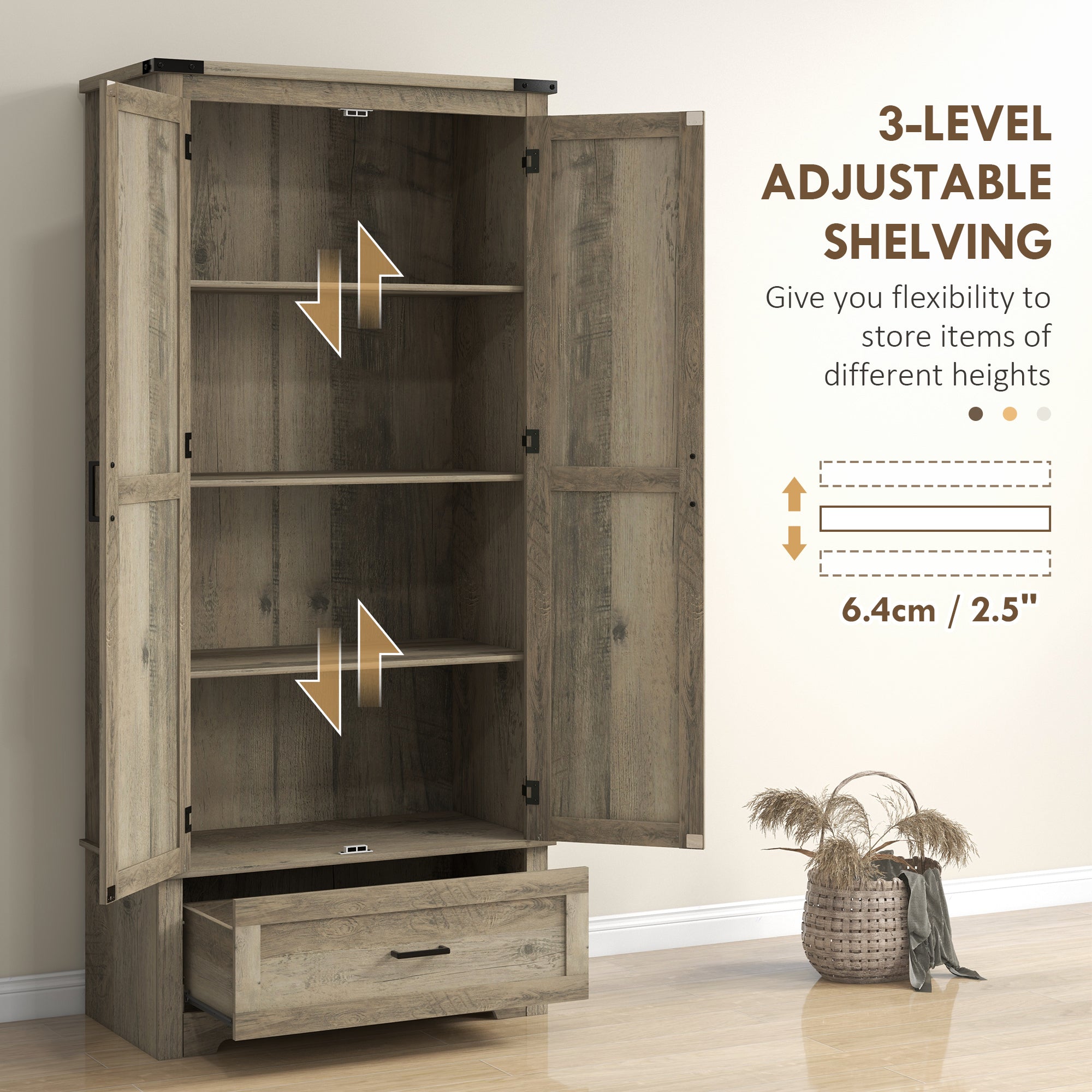 69" Tall Farmhouse Kitchen Pantry Cabinet with 2 Doors, Drawer and Adjustable Shelves, Grey
