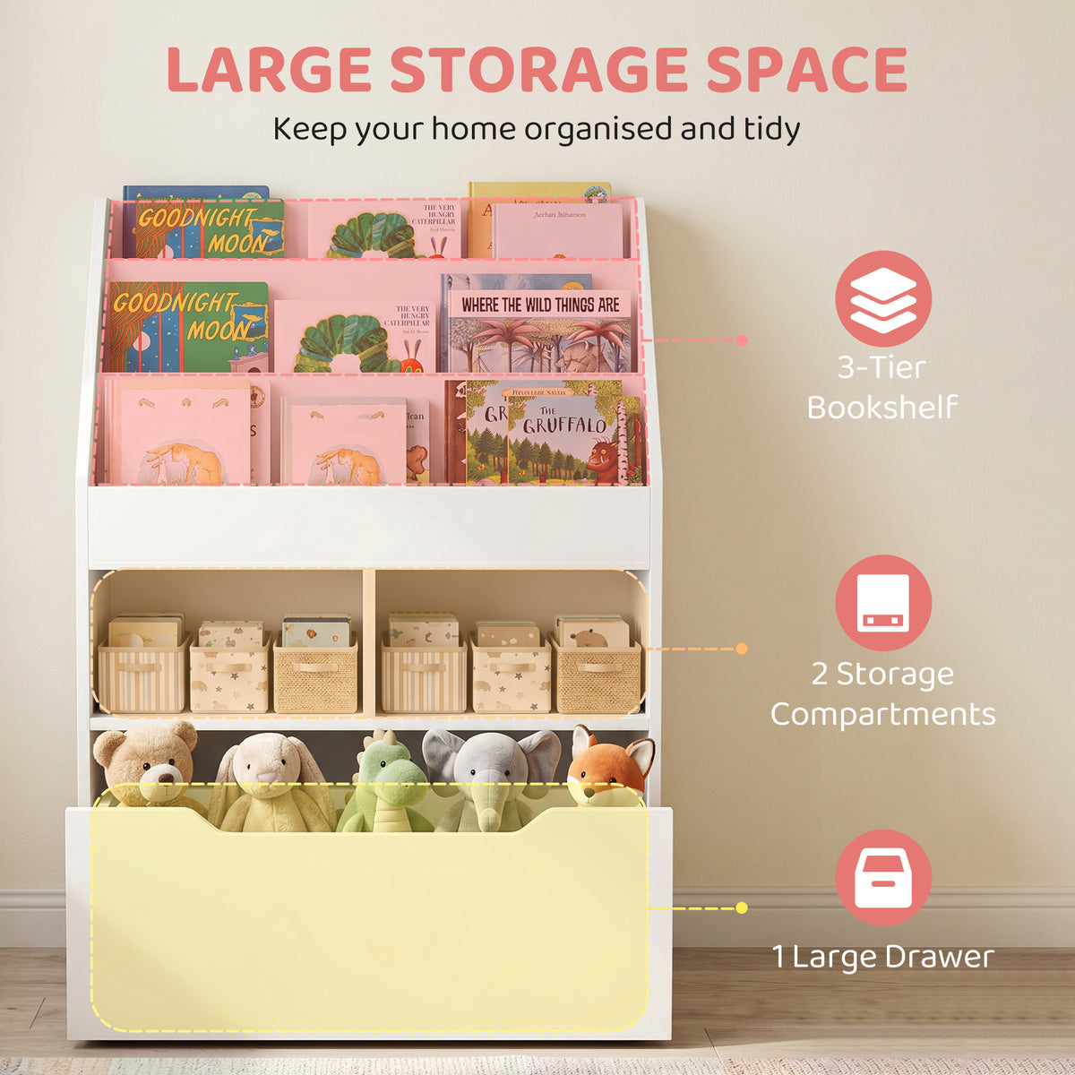 Kids Bookshelf Bookcase, Montessori-Inspired 4 Tier Large Capacity Rack Organizer with Moveable Drawer for Books for Reading Nook, Classroom, Bedroom, Playroom, White