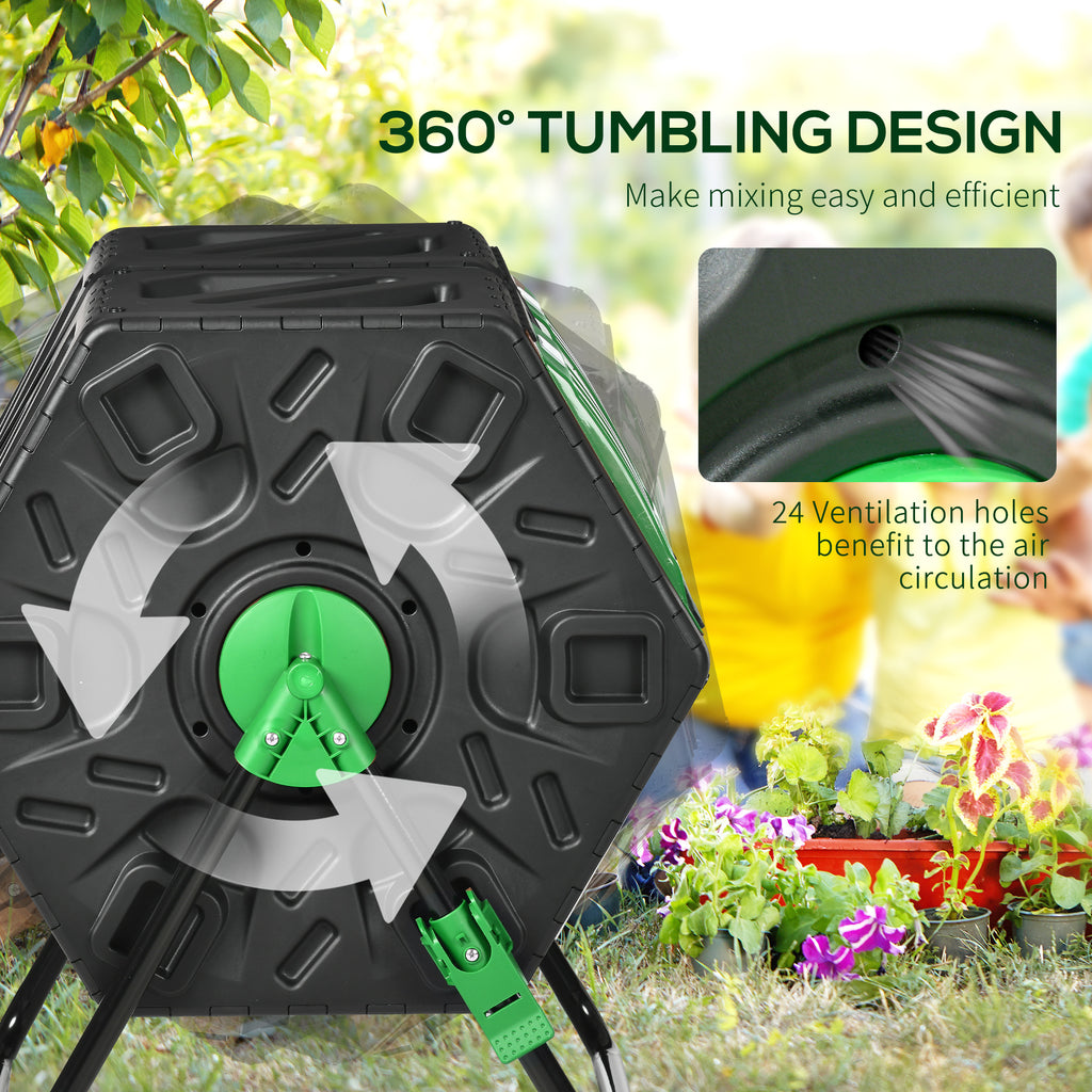 Rotating Composter, Dual Chamber Compost Bin with 24 Vents and Steel Legs, 34.5 Gallon, Brown