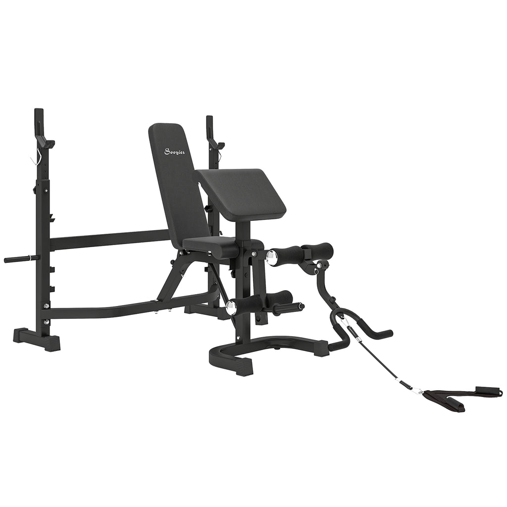 Soozier Weight Bench Stand with Squat Rack, Adjustable Olympic Bench, Multifunctional Arm Curl Pad, Leg Extension, Grey