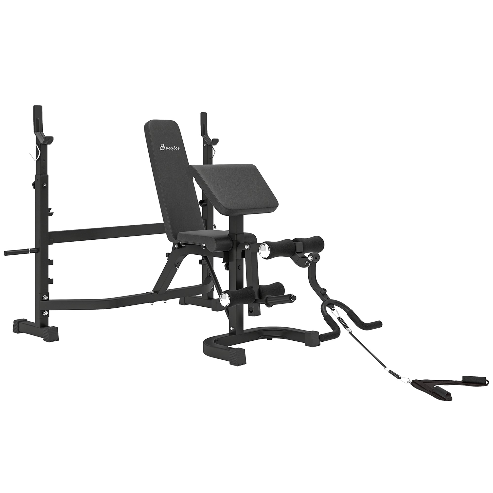 Soozier Weight Bench Stand with Squat Rack, Adjustable Olympic Bench, Multifunctional Arm Curl Pad, Leg Extension, Grey