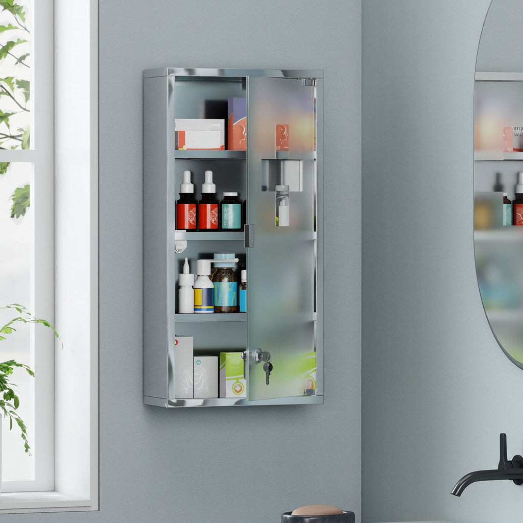 Wall Mount Medicine Cabinet, Bathroom Cabinet with 3 Tier Shelves, Stainless Steel Frame and Glass Door, Lockable with 2 Keys, Silver, 12" x 23.5"