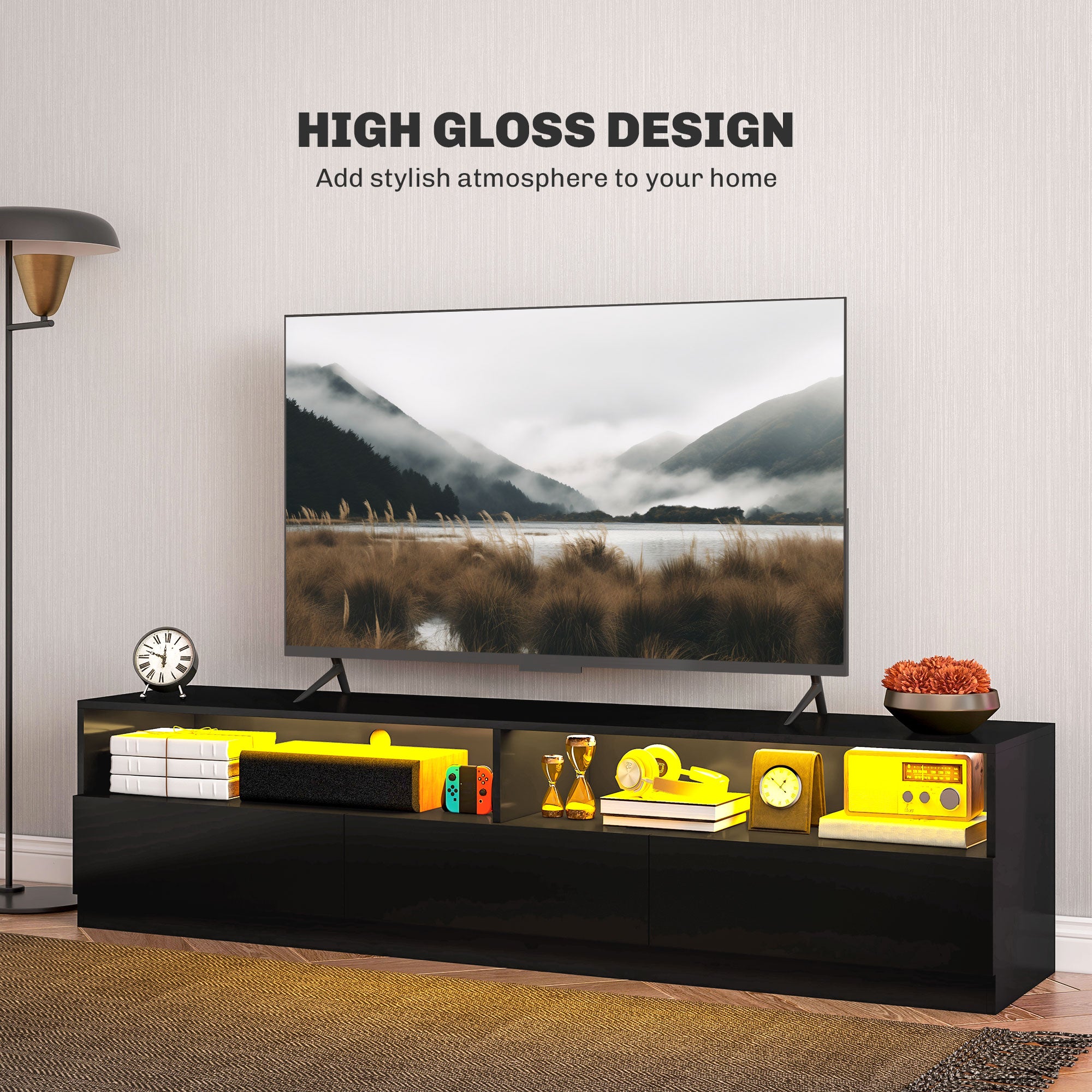 LED ብርሃን ዘለዎ ቲቪ ስታንድ ክሳብ 75" ቲቪ ዝድግፍ፣ ዘመናዊ ቲቪ ካቢኔት ምስ መደርደሪ መሳልብ ንእንዳ መዕበዪ፣ ልዑል ግላይ ጻዕዳ